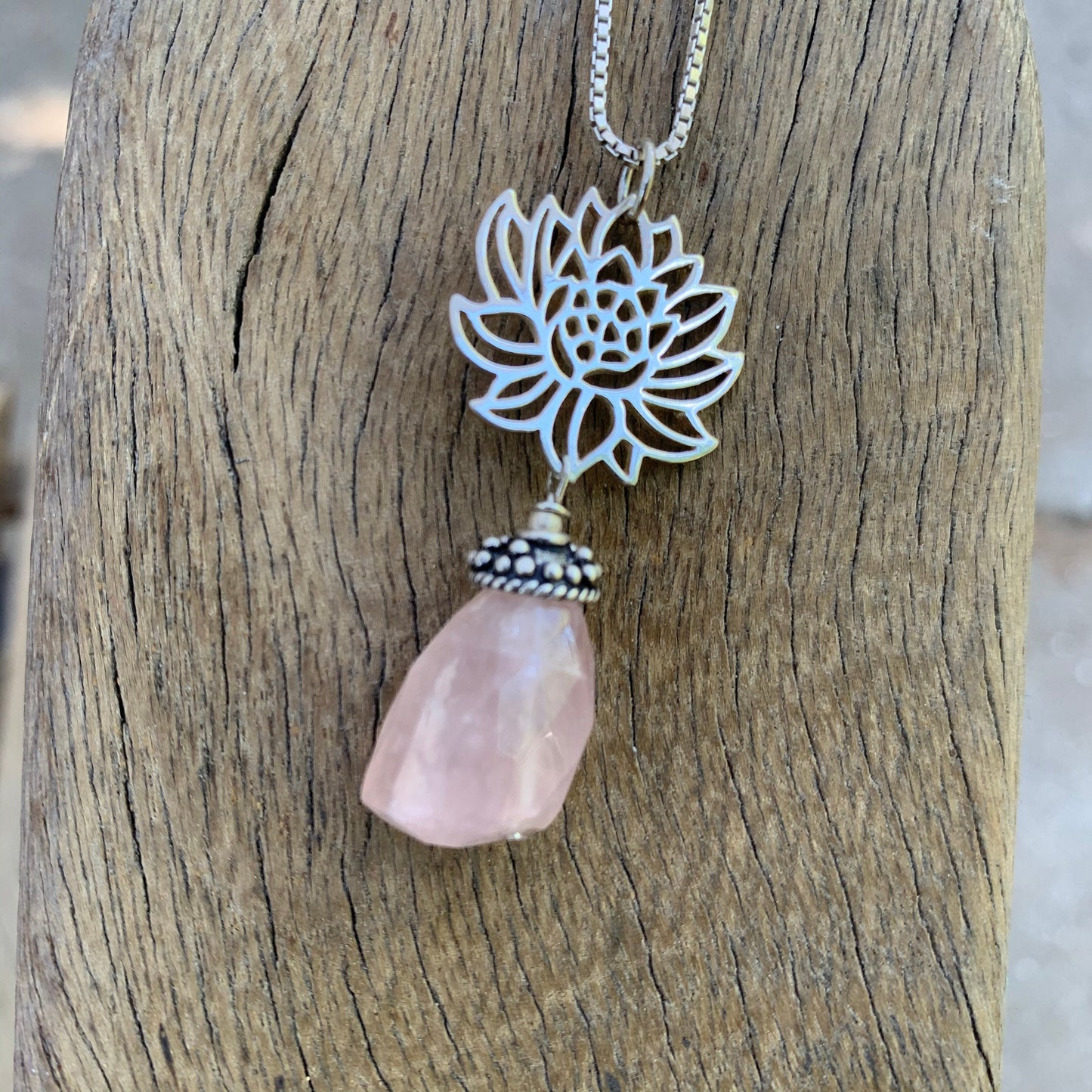 Pendant “Beauty from the Depths” Faceted Rose Quartz, Sterling Lotus Charm, Gift idea, Self love stone, Reiki charged, Heart Chakra jewelry