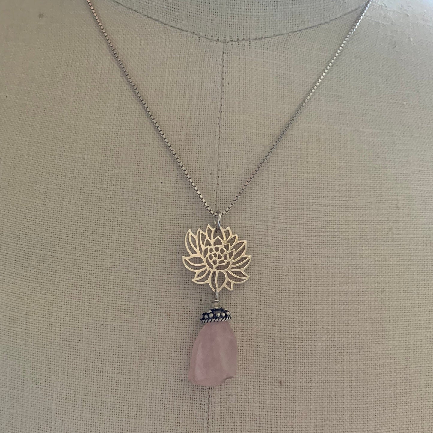 Pendant “Beauty from the Depths” Faceted Rose Quartz, Sterling Lotus Charm, Gift idea, Self love stone, Reiki charged, Heart Chakra jewelry