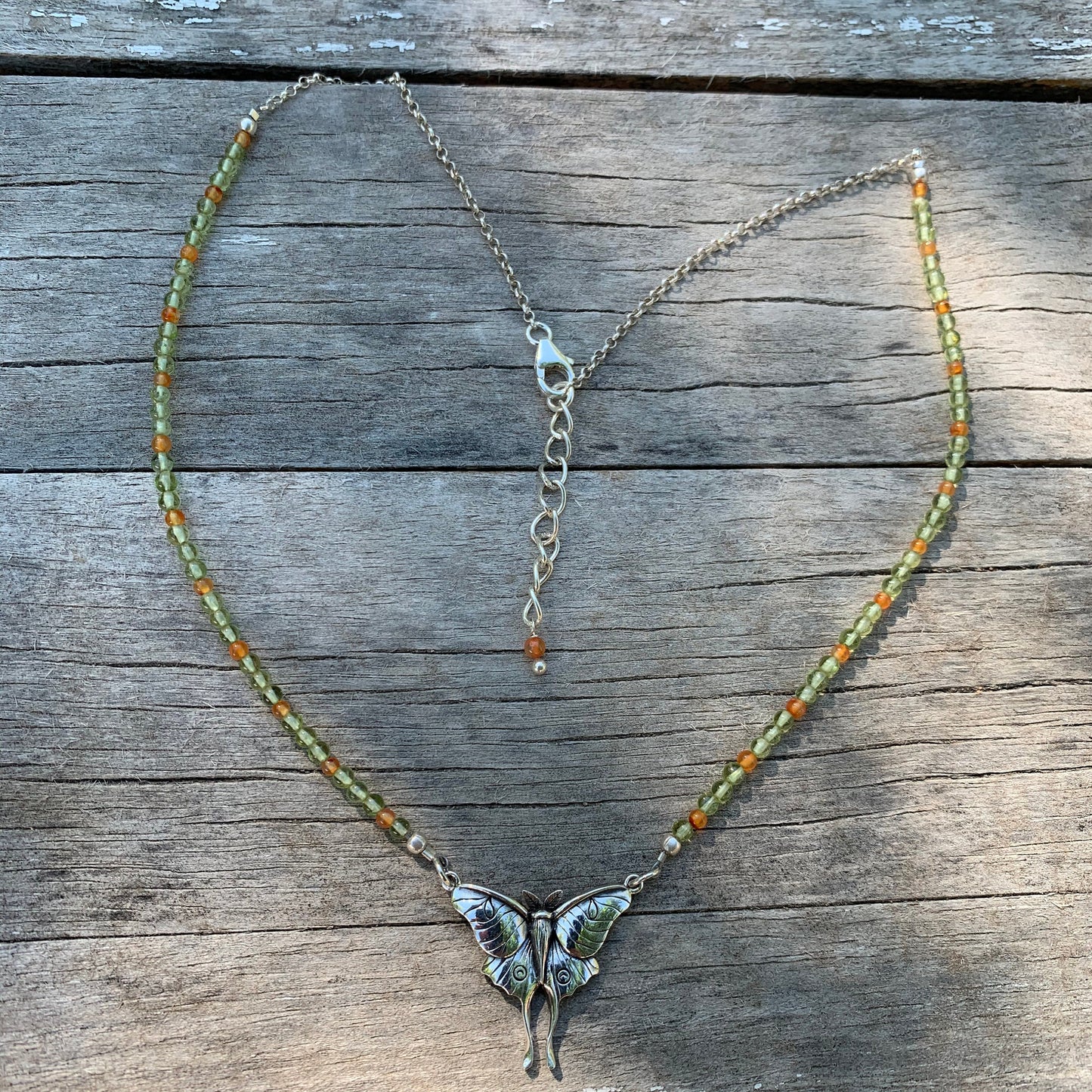 Necklace “Luna” Sterling Luna Moth, Peridot, Carnelian, Moon jewelry, Gender Neutral, Reiki charged, Moth necklace, Moon Magic, gift idea