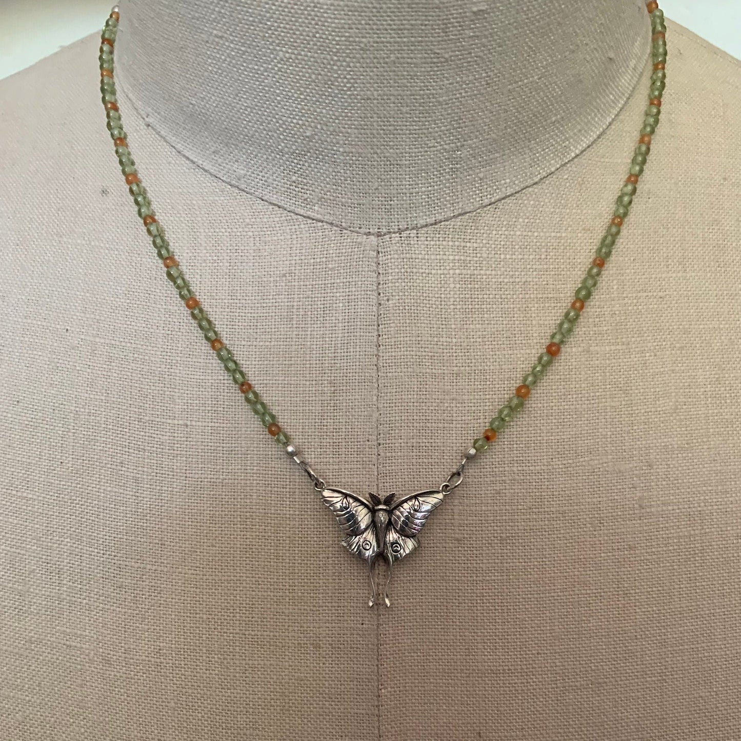 Necklace “Luna” Sterling Luna Moth, Peridot, Carnelian, Moon jewelry, Gender Neutral, Reiki charged, Moth necklace, Moon Magic, gift idea