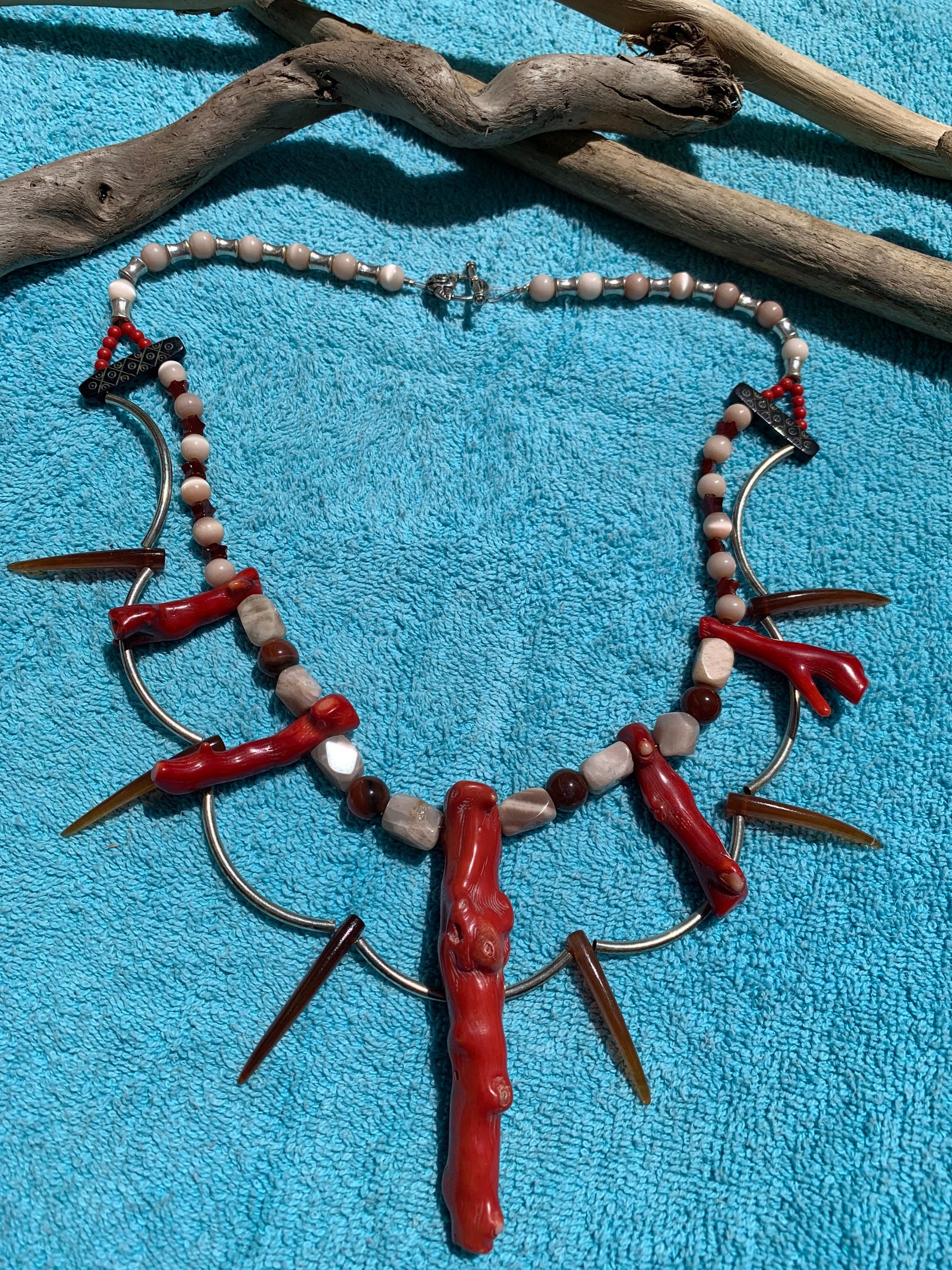 necklace "Pele" Fire coral, Peach moonstone, Carnelian, Statement necklace, Volcano Goddess, Reiki charged, Ocean Jewelry, Gender Neutral