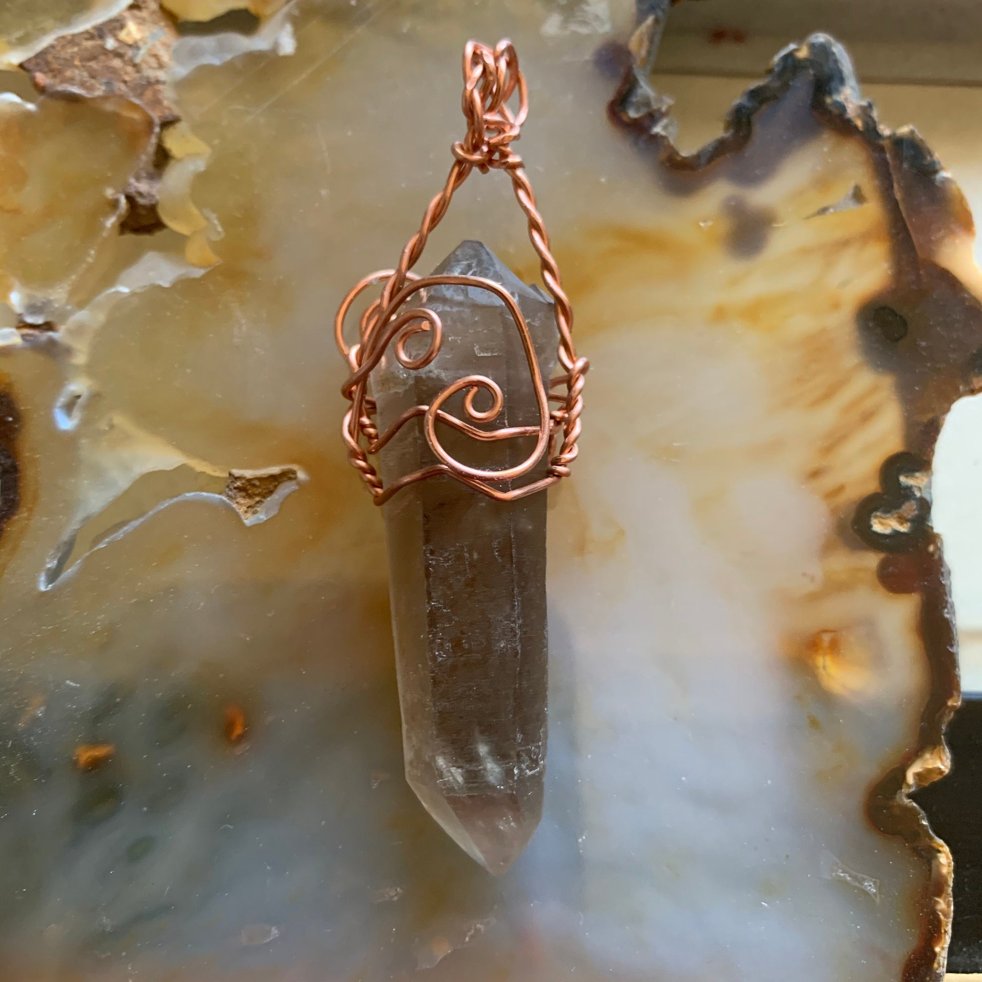 Pendant “Grounding Wave” Double Terminated Smoky Quartz, Copper wire, Grounding pendant, Gender Neutral, Root chakra, Reiki charged