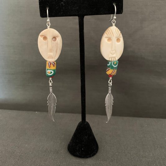 Earrings “Justice Now” Carved Bone Faces/Masks, African Trade beads, African seed beads, Sterling Feathers, Jewelry for Justice, Reiki