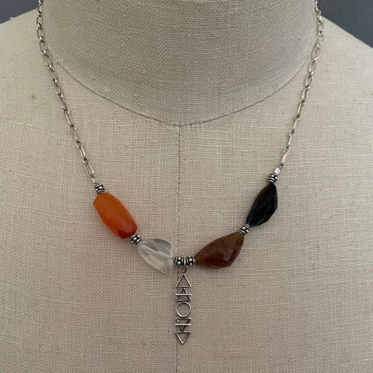 Necklace “Alchemy” Four faceted stones, Carnelian, Clear Quartz, Tourmalines, Sterling Elements Charm, Reiki charged, Sterling Bali beads