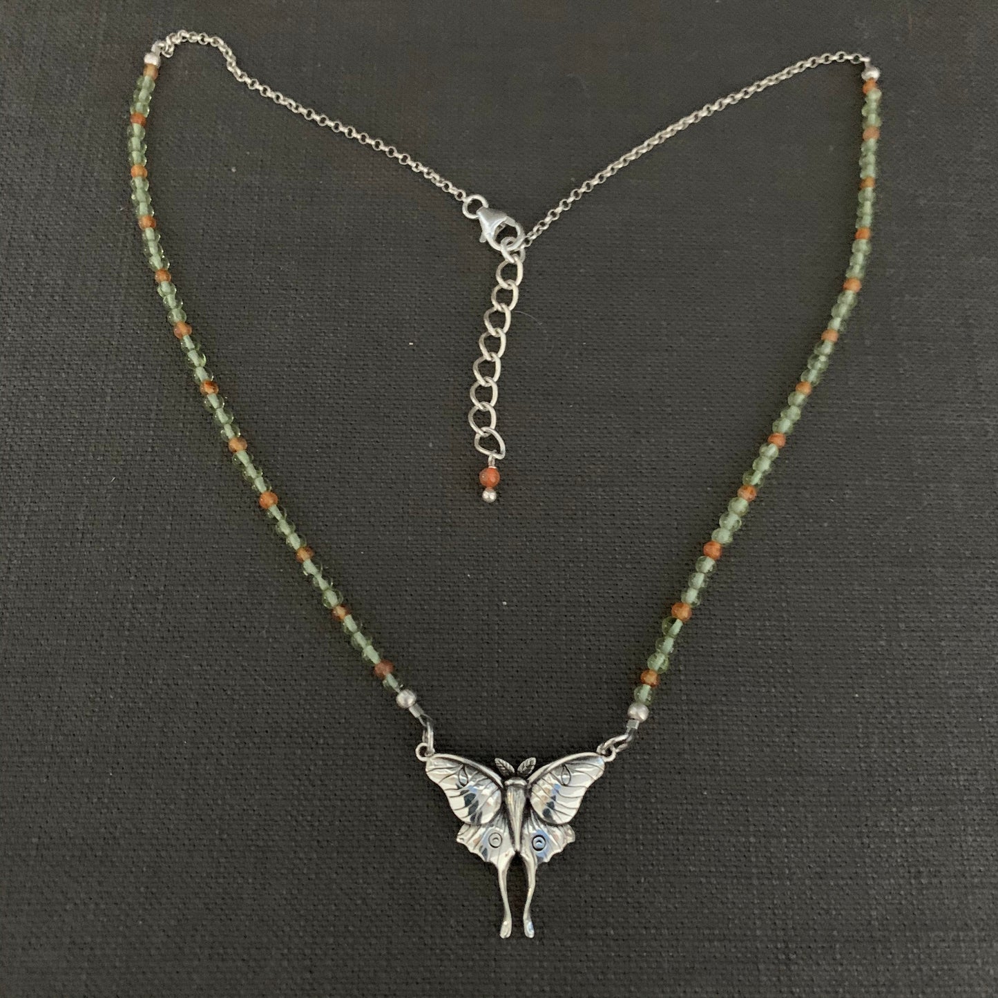 Necklace “Luna” Sterling Luna Moth, Peridot, Carnelian, Moon jewelry, Gender Neutral, Reiki charged, Moth necklace, Moon Magic, gift idea