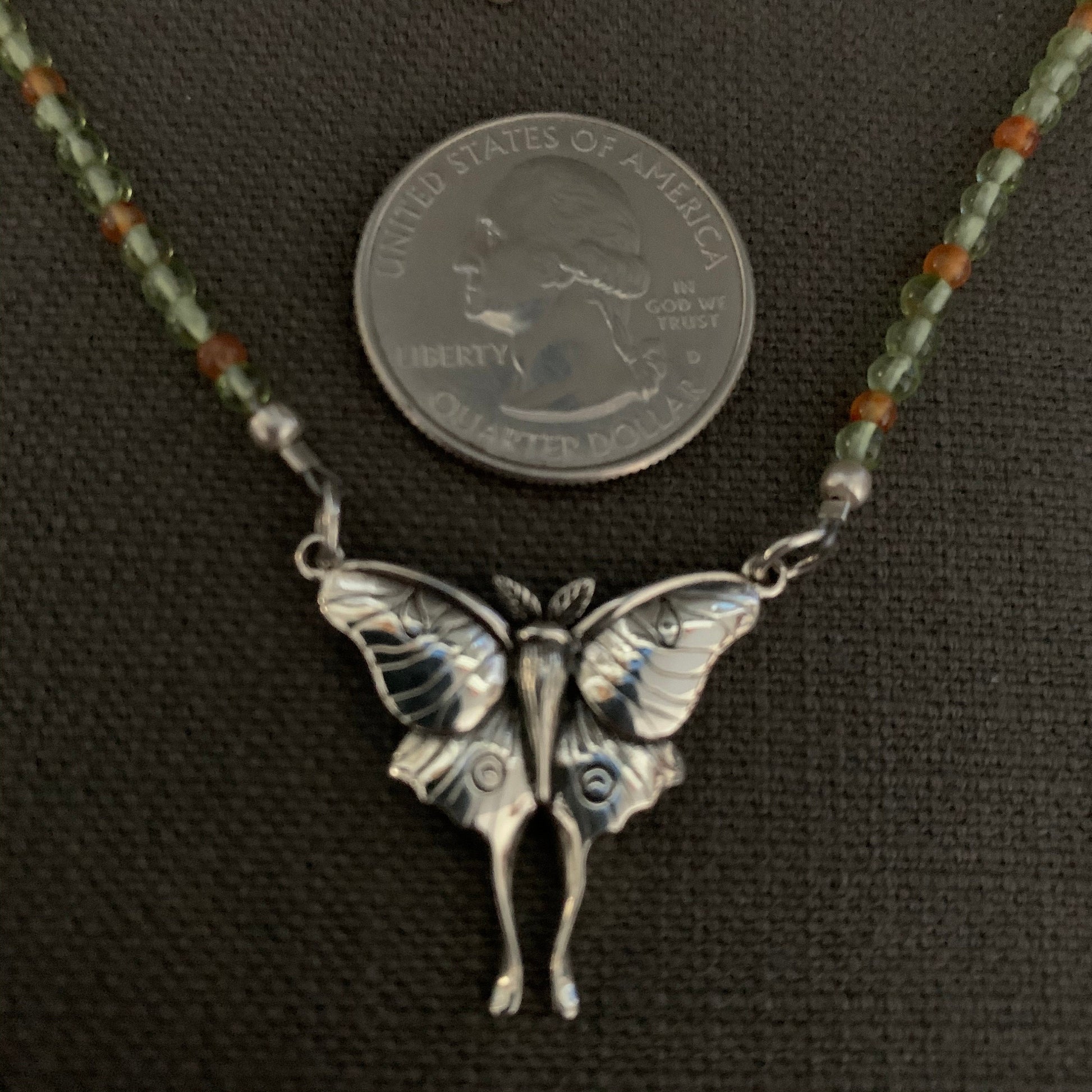 Necklace “Luna” Sterling Luna Moth, Peridot, Carnelian, Moon jewelry, Gender Neutral, Reiki charged, Moth necklace, Moon Magic, gift idea