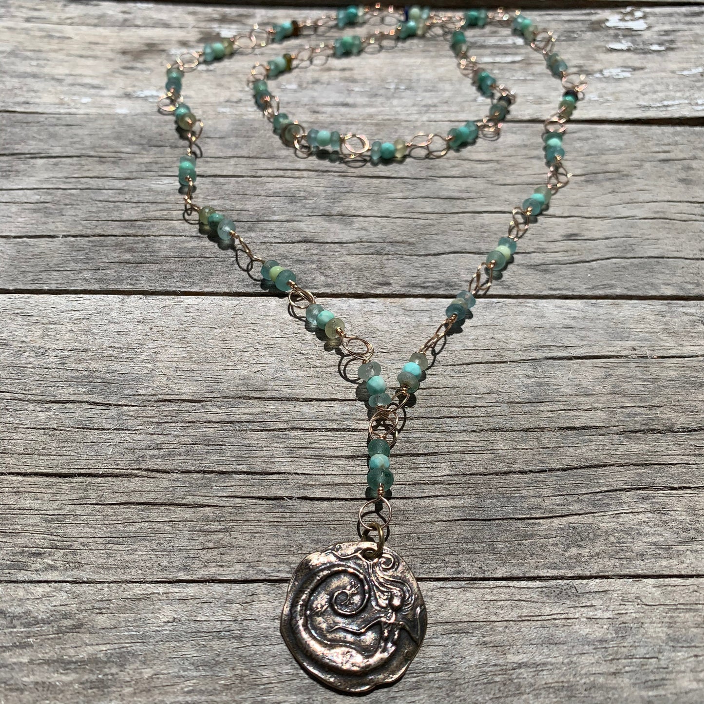 Necklace “Bronze Siren” Bronze Mermaid pendant, Green Opal, Roman Glass, Handmade Chain, Bronze chain, Mermaid jewelry, Gift idea