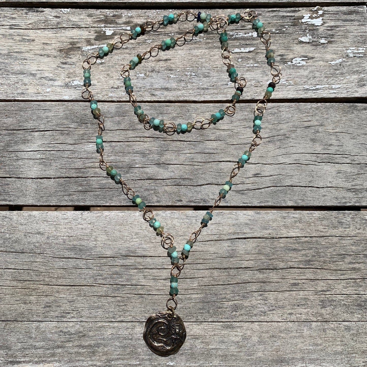 Necklace “Bronze Siren” Bronze Mermaid pendant, Green Opal, Roman Glass, Handmade Chain, Bronze chain, Mermaid jewelry, Gift idea