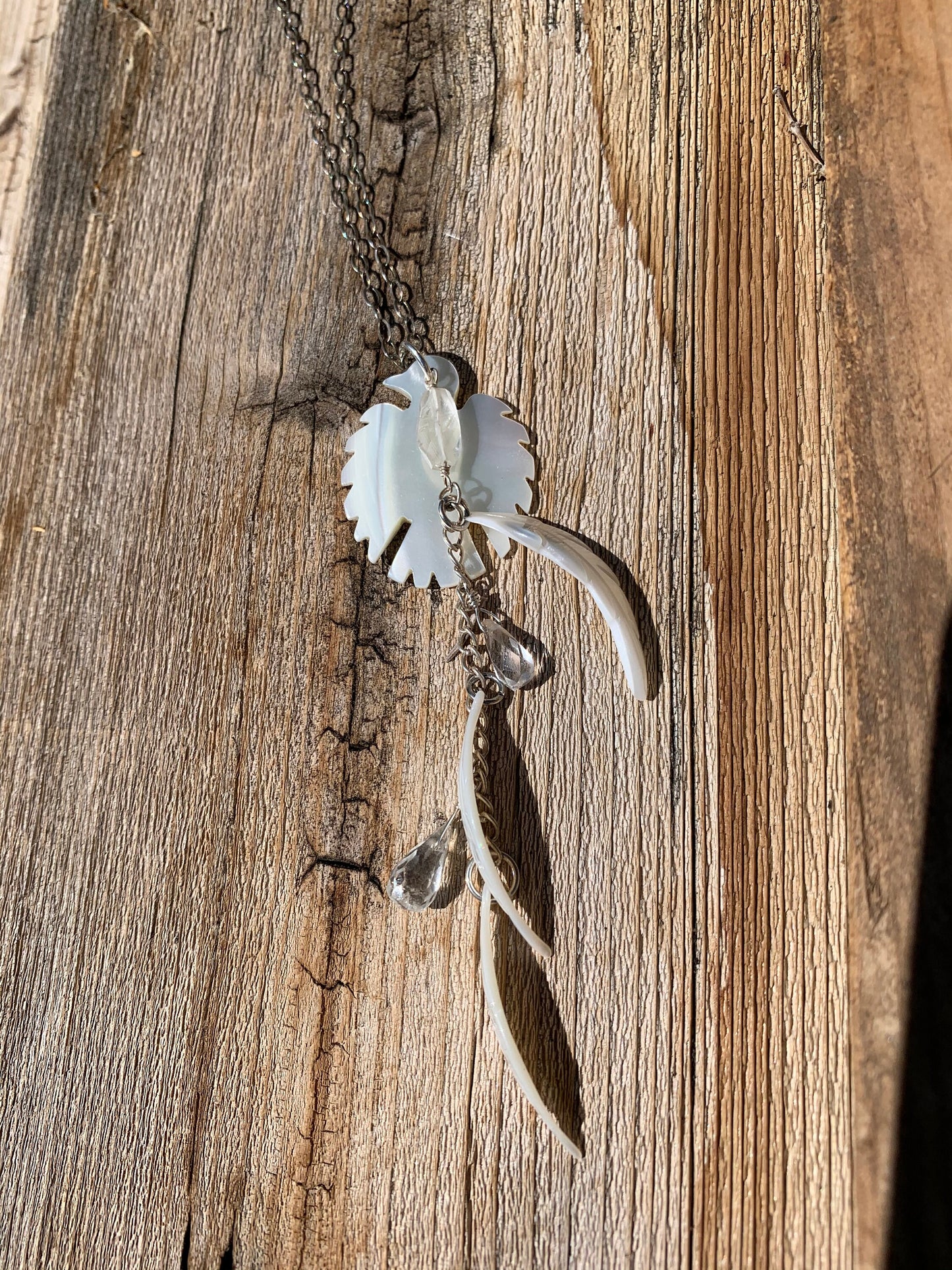 Pendant “White Crow” Mother of Pearl Crow, MOP Feather, Quartz, Crow energy, Animal Spirit, Gender Neutral, Gift idea, Pagan jewelry, Reiki