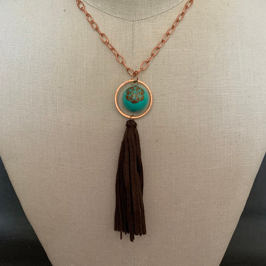 Pendant “Woke” Enameled Bell with Mandala, Copper link, Ultra Suede tassel, Meditation Bell, Tassel pendant, Gift Idea, Reiki charged