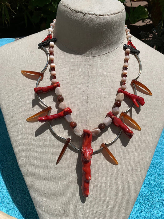 necklace "Pele" Fire coral, Peach moonstone, Carnelian, Statement necklace, Volcano Goddess, Reiki charged, Ocean Jewelry, Gender Neutral