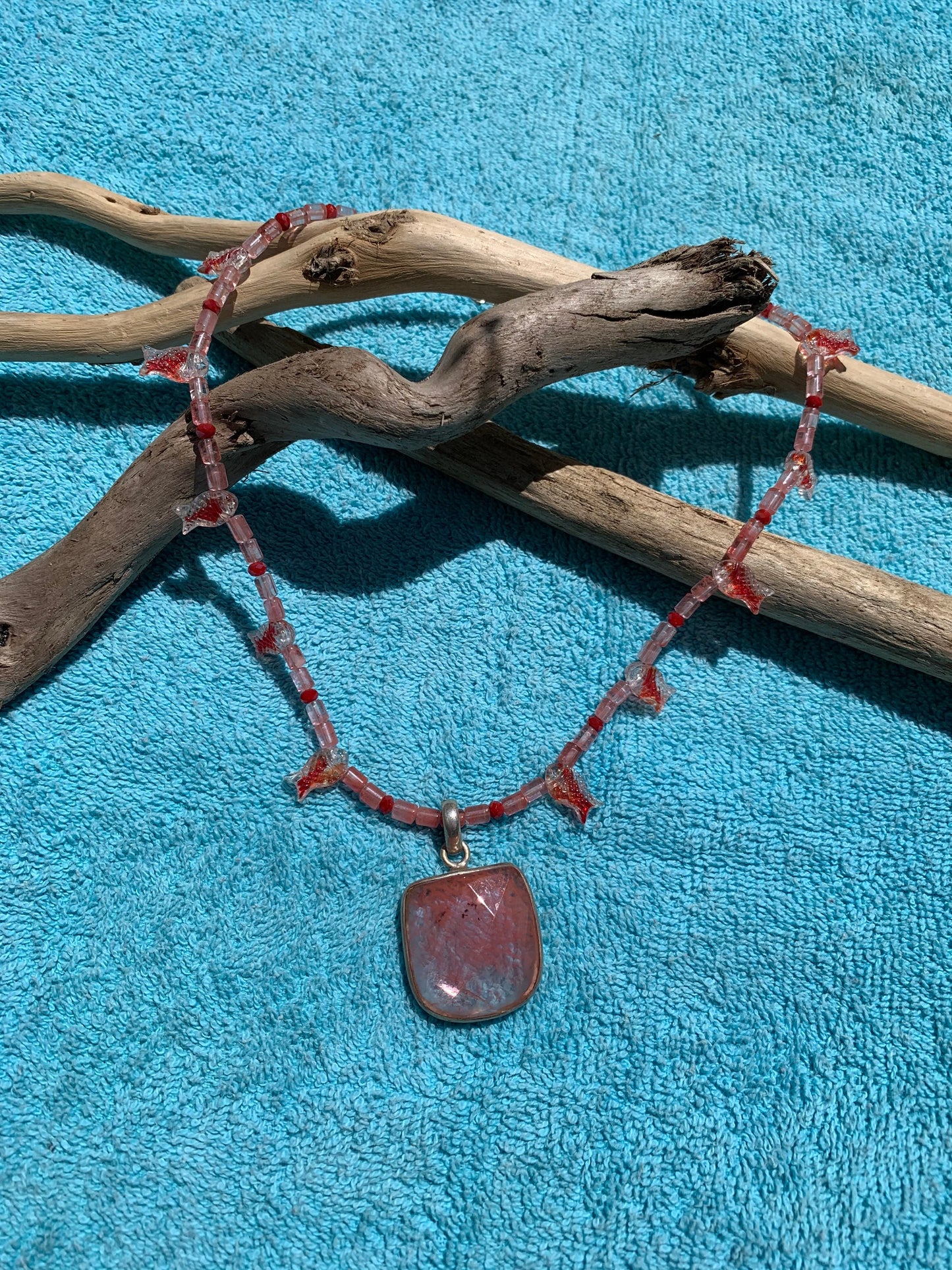 necklace "Red Tide" Cherry quartz pendant, Glass Koi beads, Mermaid jewelry, Ocean necklace, Beach Wear, Reiki charged, Sirens, Selkies