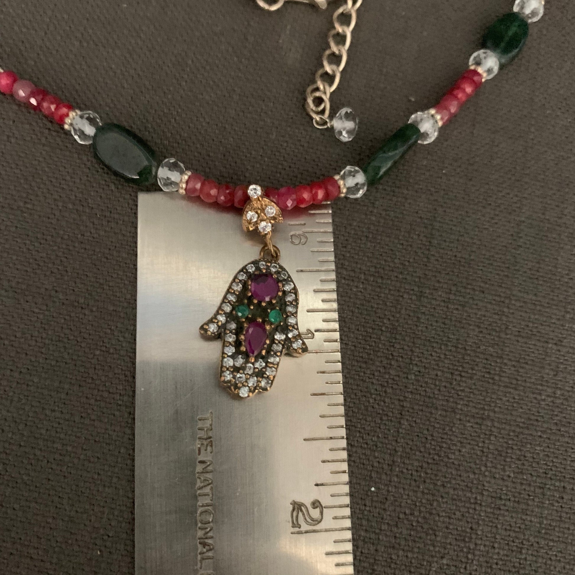 necklace "Divine Hand" Hamsa with rubies emeralds & topaz, ruby quartz, emerald, faceted quartz, Hand of God, Hand of Fatima, Gift idea