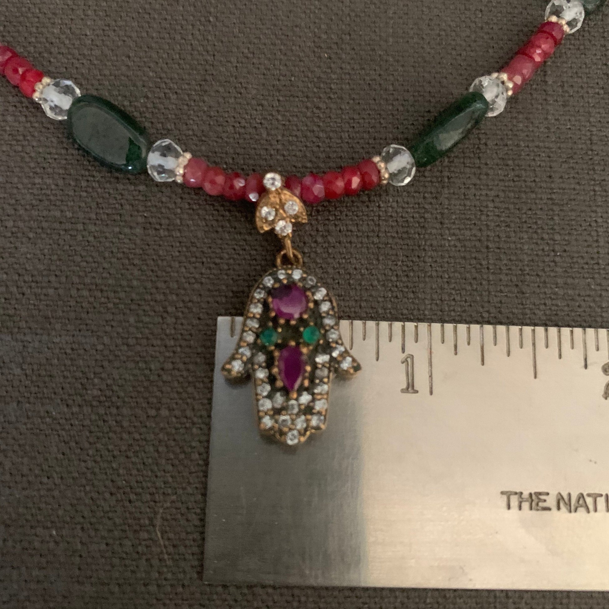 necklace "Divine Hand" Hamsa with rubies emeralds & topaz, ruby quartz, emerald, faceted quartz, Hand of God, Hand of Fatima, Gift idea