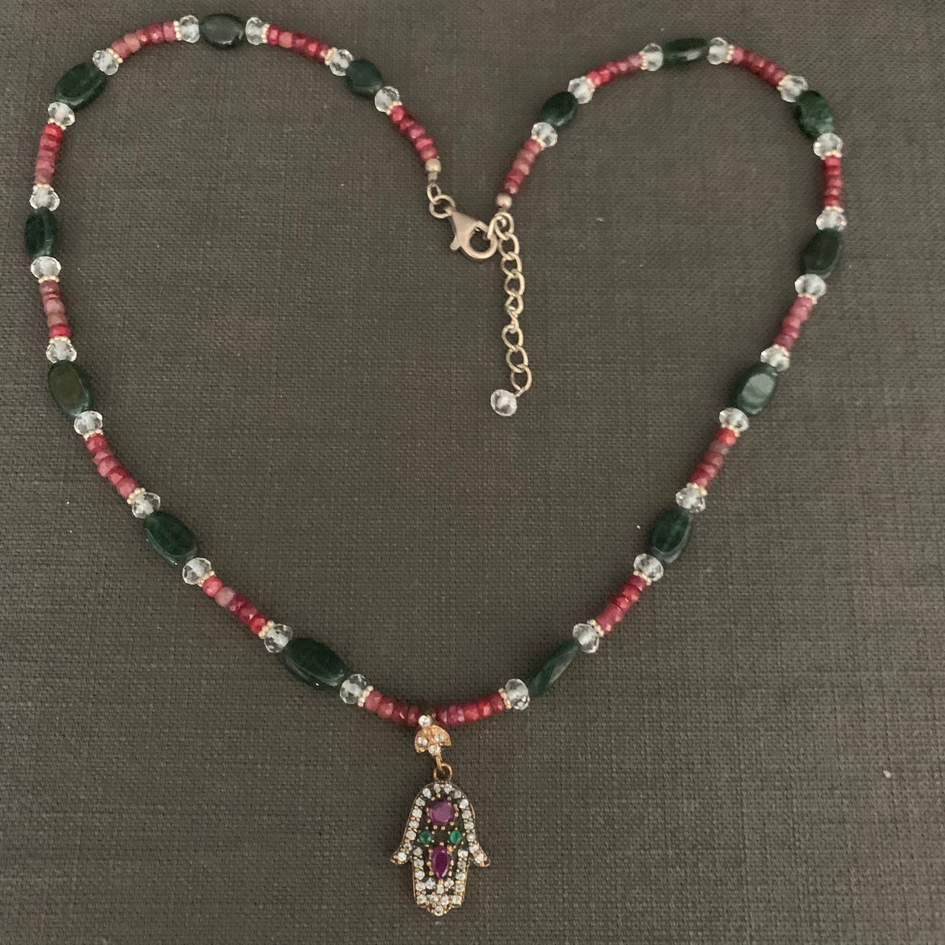 necklace "Divine Hand" Hamsa with rubies emeralds & topaz, ruby quartz, emerald, faceted quartz, Hand of God, Hand of Fatima, Gift idea