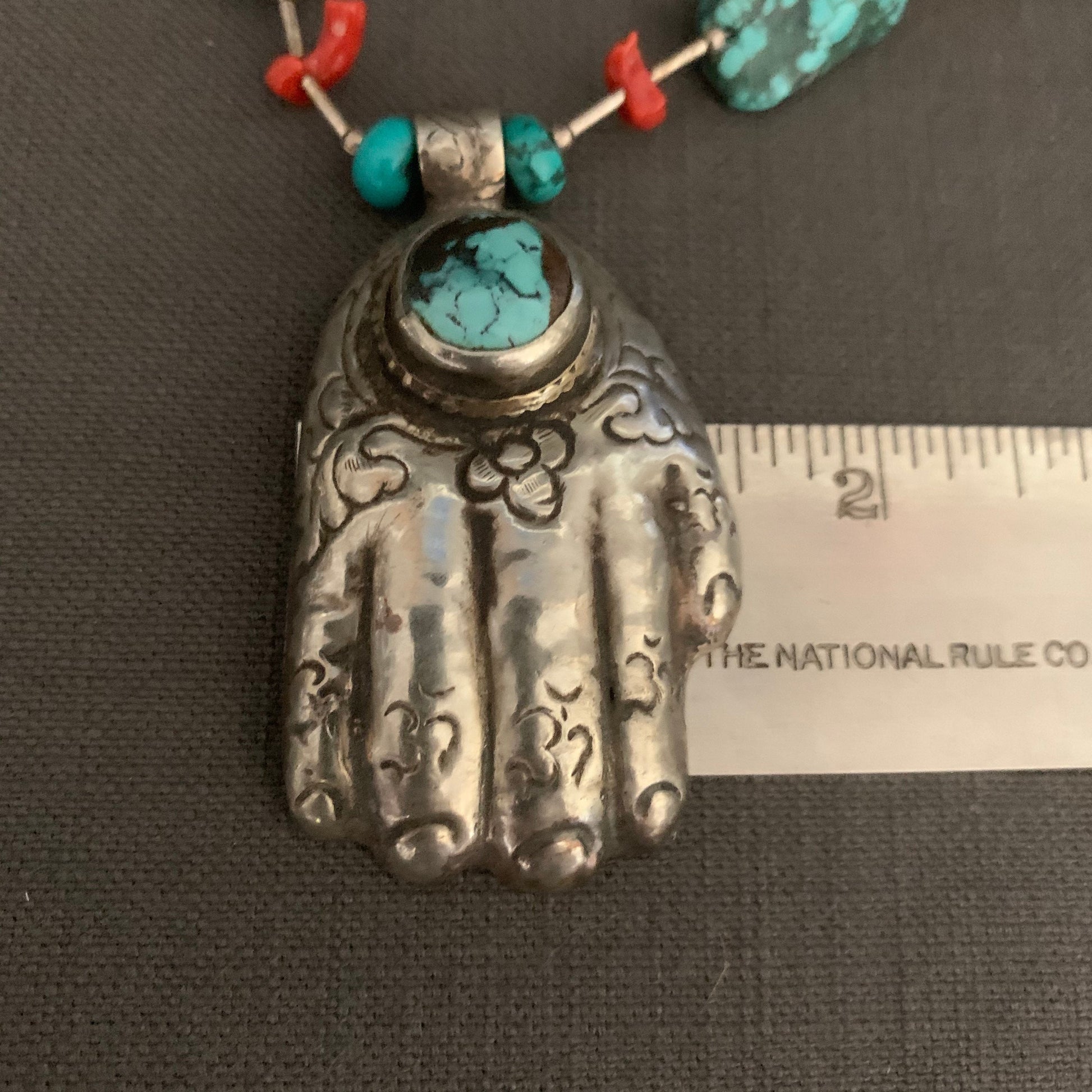 necklace "Hand Held High" Nepal Hamsa, Tibetan turquoise, Red Coral, Hand of God, Hand of Fatima, Gift idea, Gender Neutral jewelry, Reiki