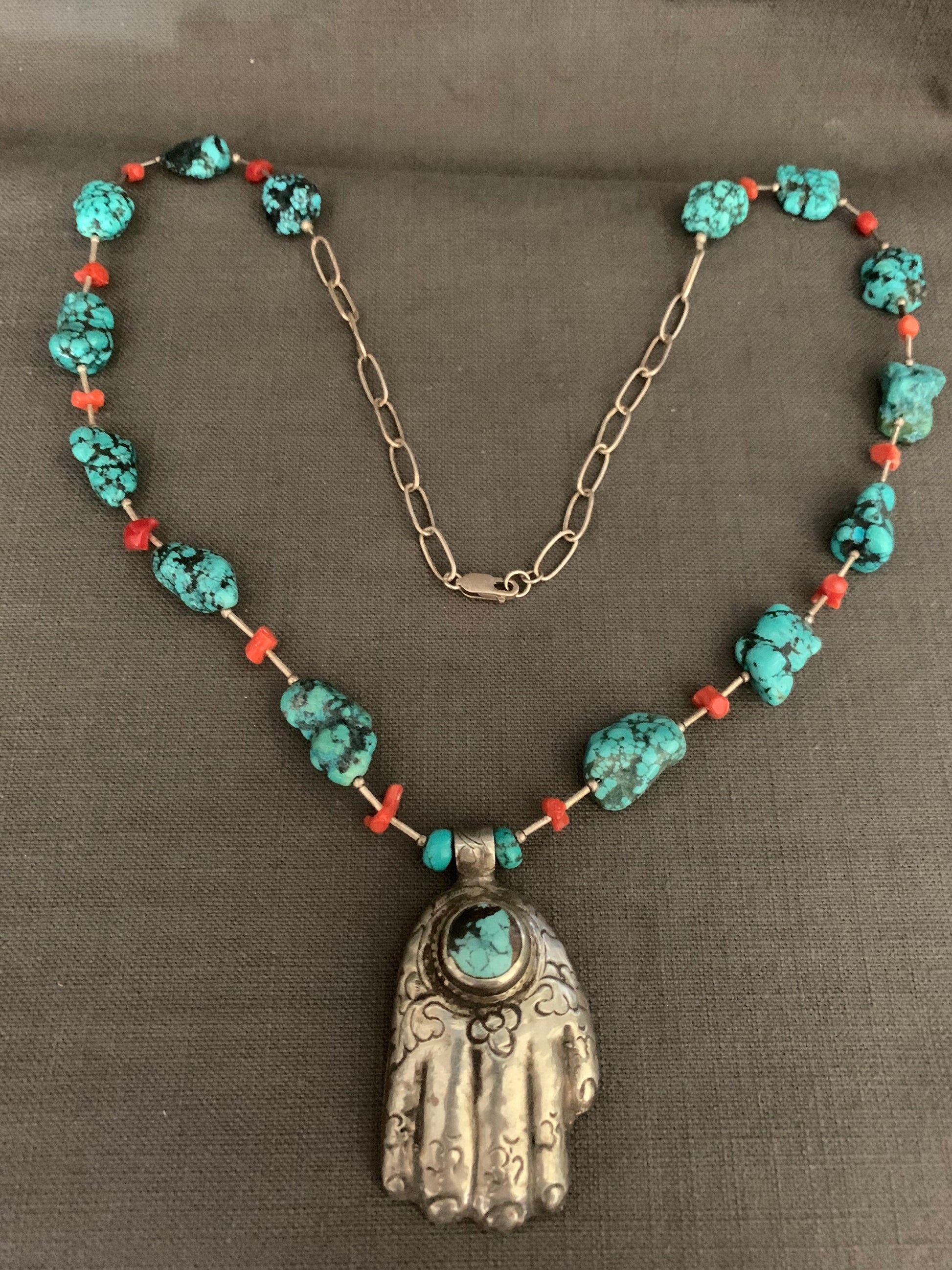 necklace "Hand Held High" Nepal Hamsa, Tibetan turquoise, Red Coral, Hand of God, Hand of Fatima, Gift idea, Gender Neutral jewelry, Reiki