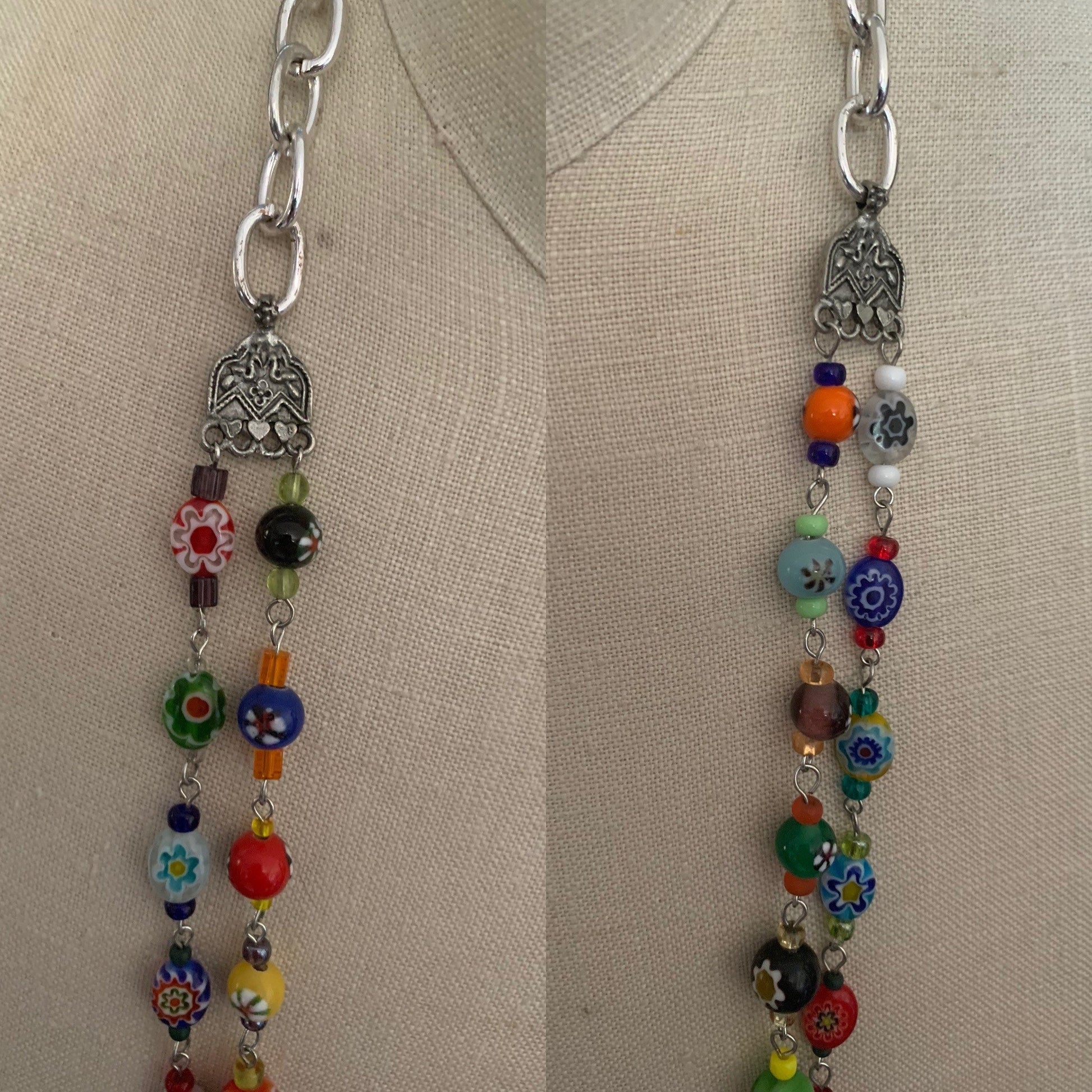 Necklace "Her flowers" pewter Hamsa pendant, Hand of God, Handmade chain, Festival jewelry, Millefiori beads, Lampwork beads, Reiki charged