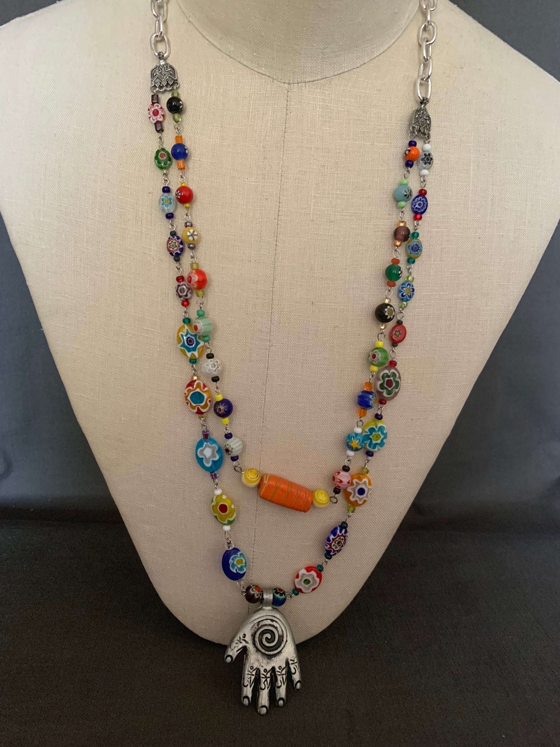 Necklace "Her flowers" pewter Hamsa pendant, Hand of God, Handmade chain, Festival jewelry, Millefiori beads, Lampwork beads, Reiki charged