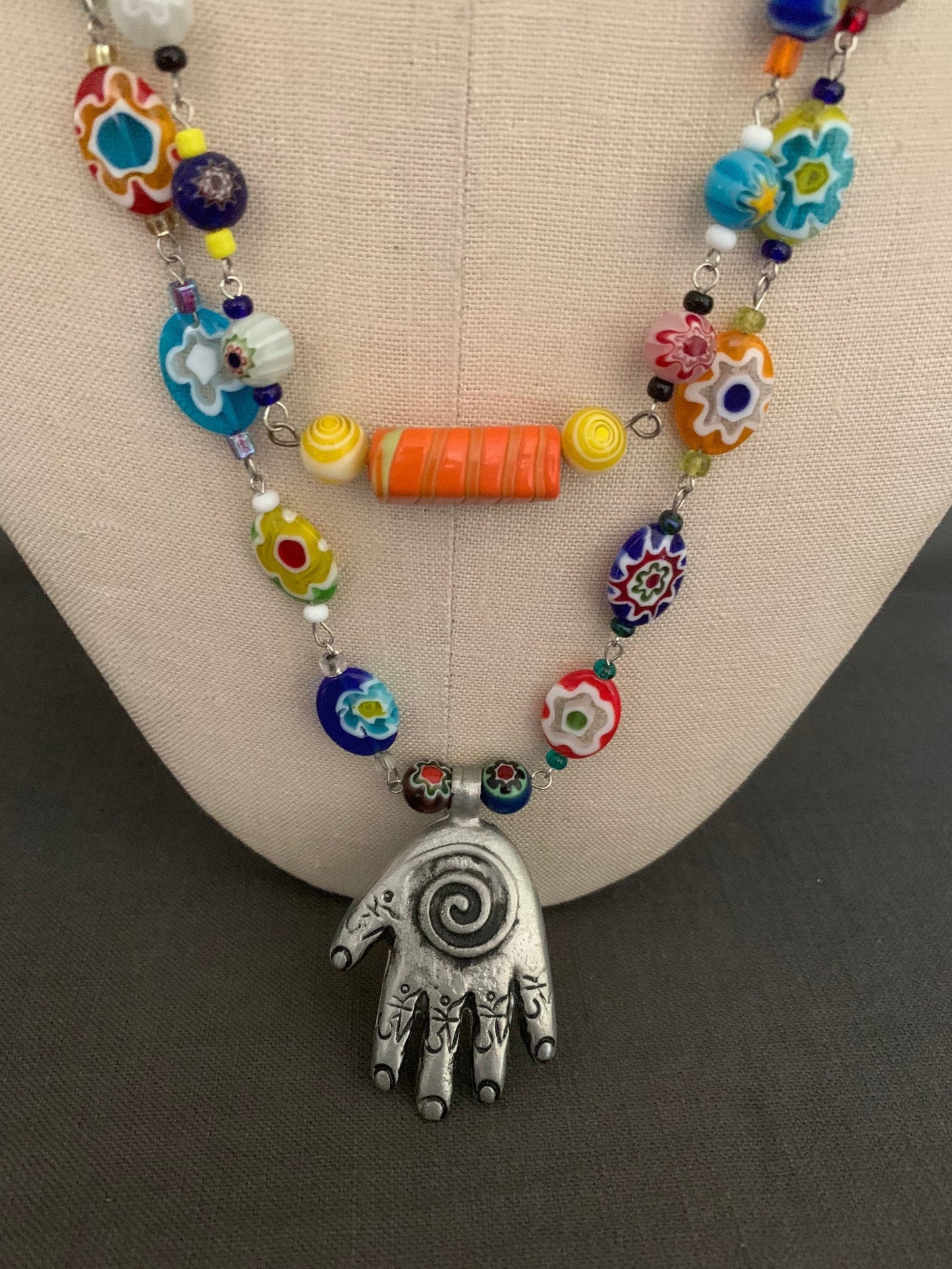 Necklace "Her flowers" pewter Hamsa pendant, Hand of God, Handmade chain, Festival jewelry, Millefiori beads, Lampwork beads, Reiki charged