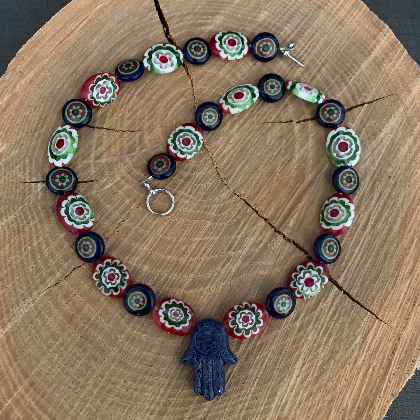 necklace "Blue Hamsa" Ceramic Hamsa, Millefiori beads, Mediterranean style, Gift idea, Festival jewelry, Gender Neutral, Reiki charged