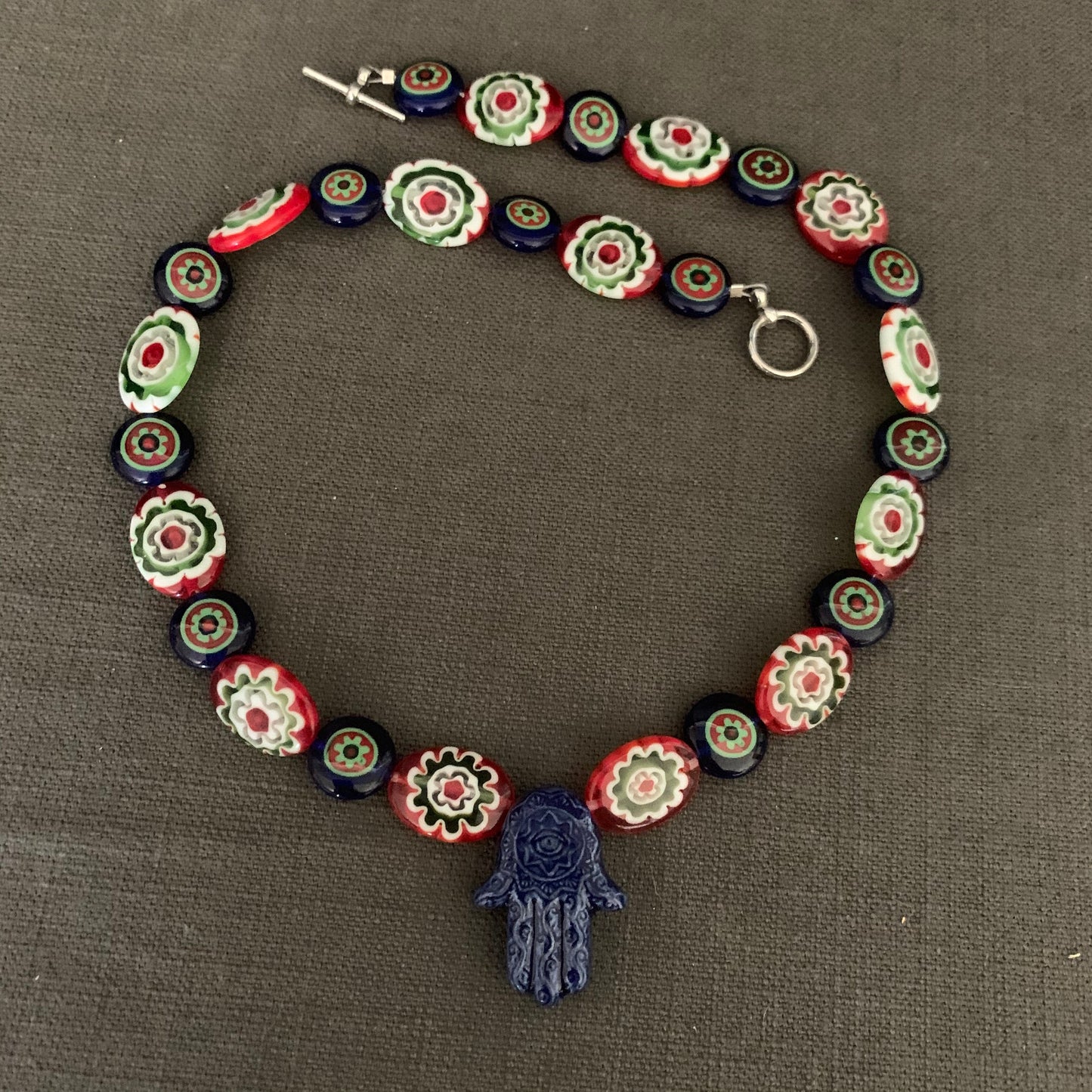 necklace "Blue Hamsa" Ceramic Hamsa, Millefiori beads, Mediterranean style, Gift idea, Festival jewelry, Gender Neutral, Reiki charged