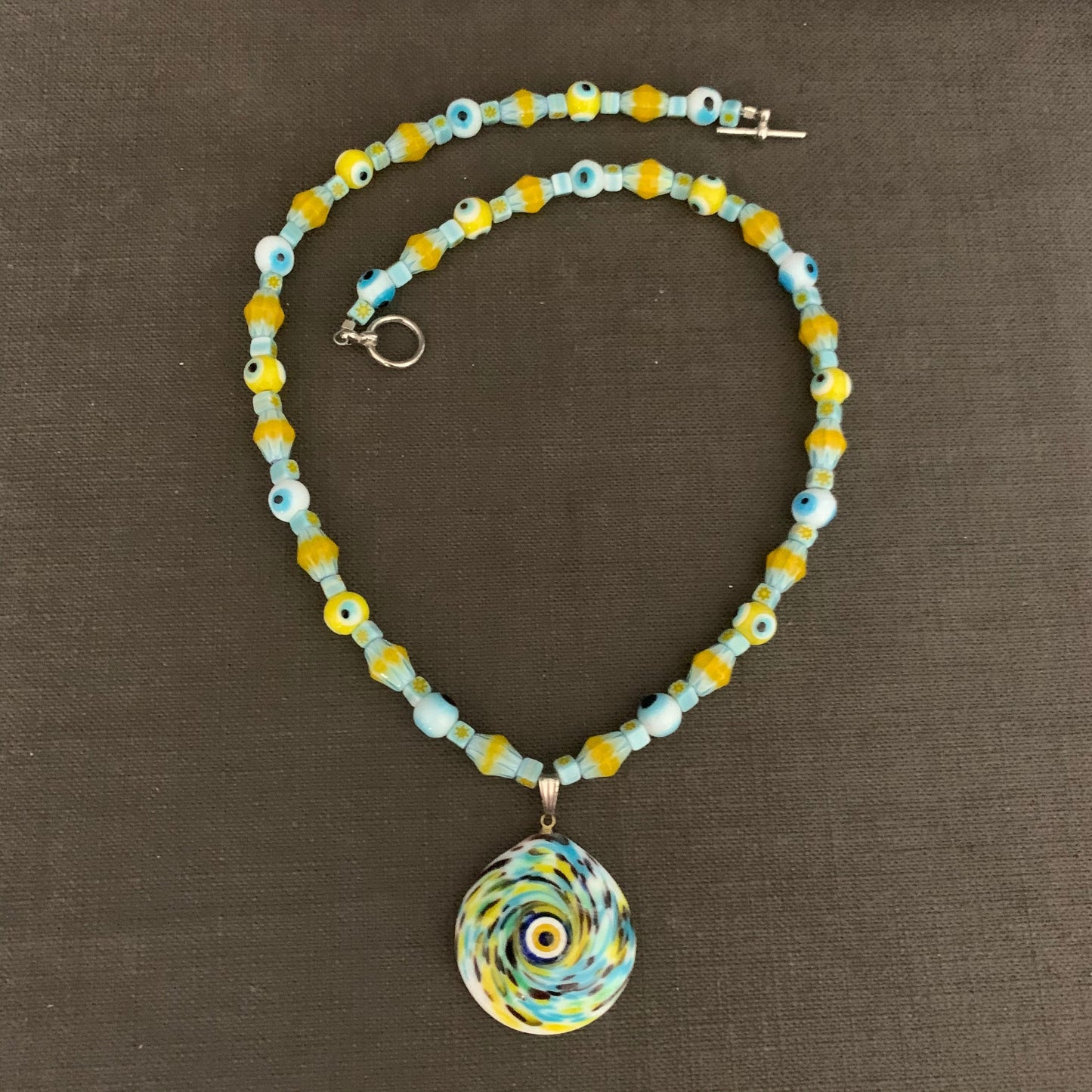 necklace "Summer Fun" Murano glass Evil Eye pendant, Chevron Beads, Evil Eyes, Festival jewelry, Reiki charged, Gender Neutral jewelry