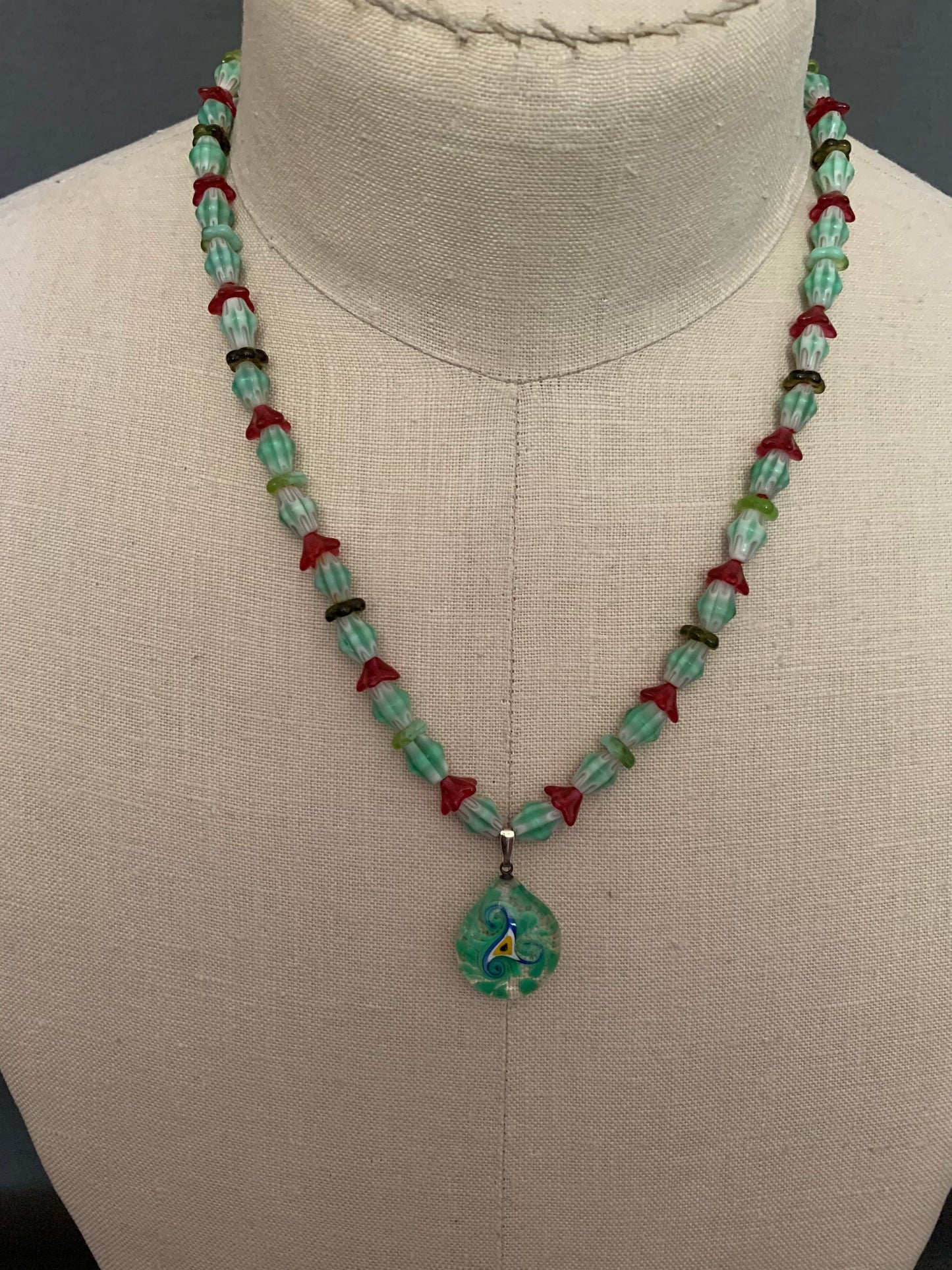 necklace "Eye of Bride" Murano glass Triskelion with Evil Eye, Goddess Bridget, Imbolc, Glass Flowers, Chevron beads, Good Luck Charm