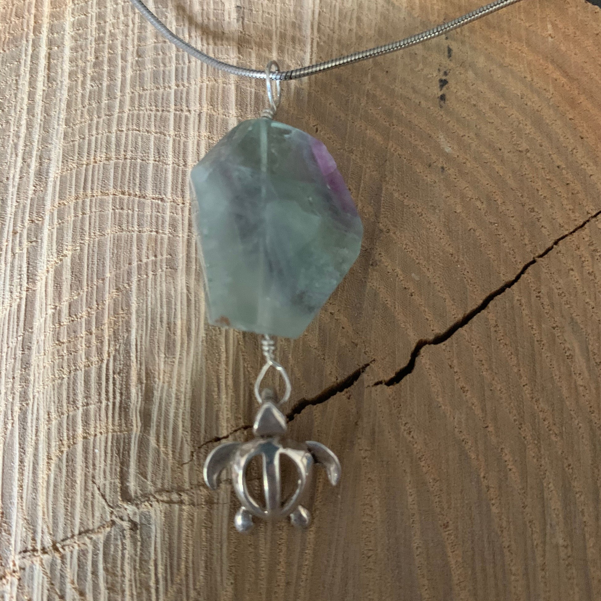 Pendant “Squirt” Sterling Sea Turtle charm, Large Rainbow Fluorite, Ocean Jewelry, Merfolk pendant, Gender Neutral, Reiki charged, Chakras