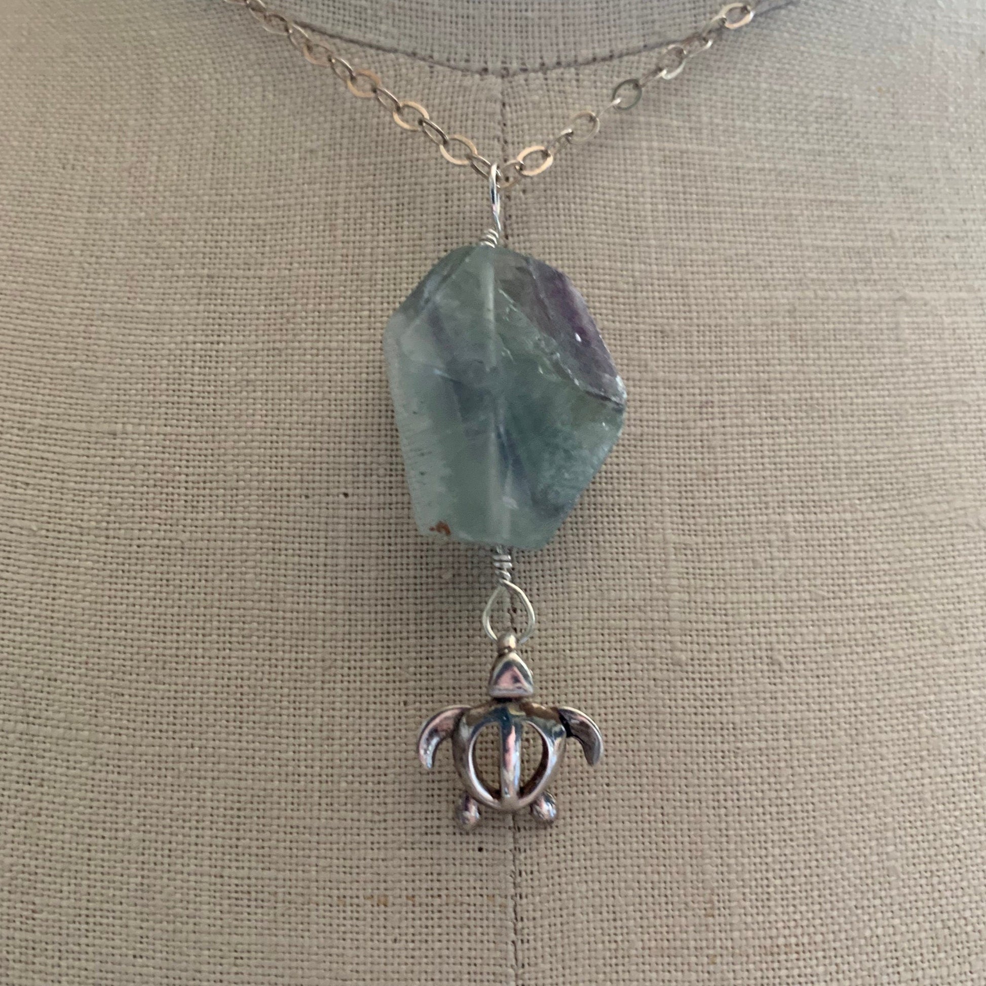 Pendant “Squirt” Sterling Sea Turtle charm, Large Rainbow Fluorite, Ocean Jewelry, Merfolk pendant, Gender Neutral, Reiki charged, Chakras