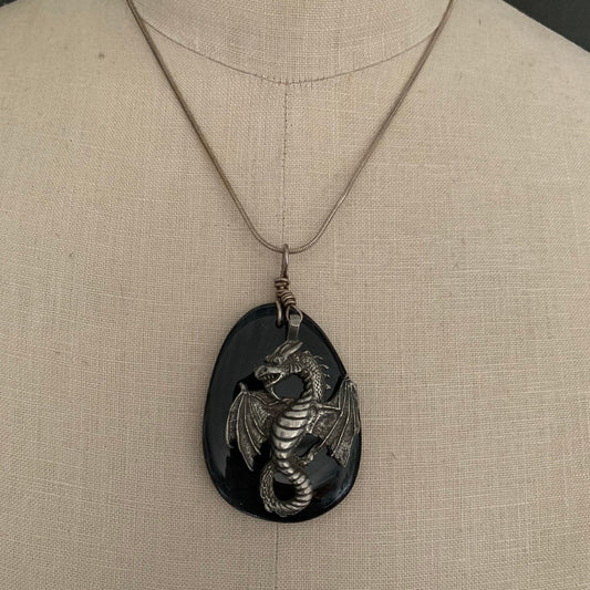 pendant "Dragon Eye" Pewter Dragon, Banded Onyx, Dragon jewelry, Gender Neutral jewelry,  Mother of Dragons, Dragon Riders, reiki charged