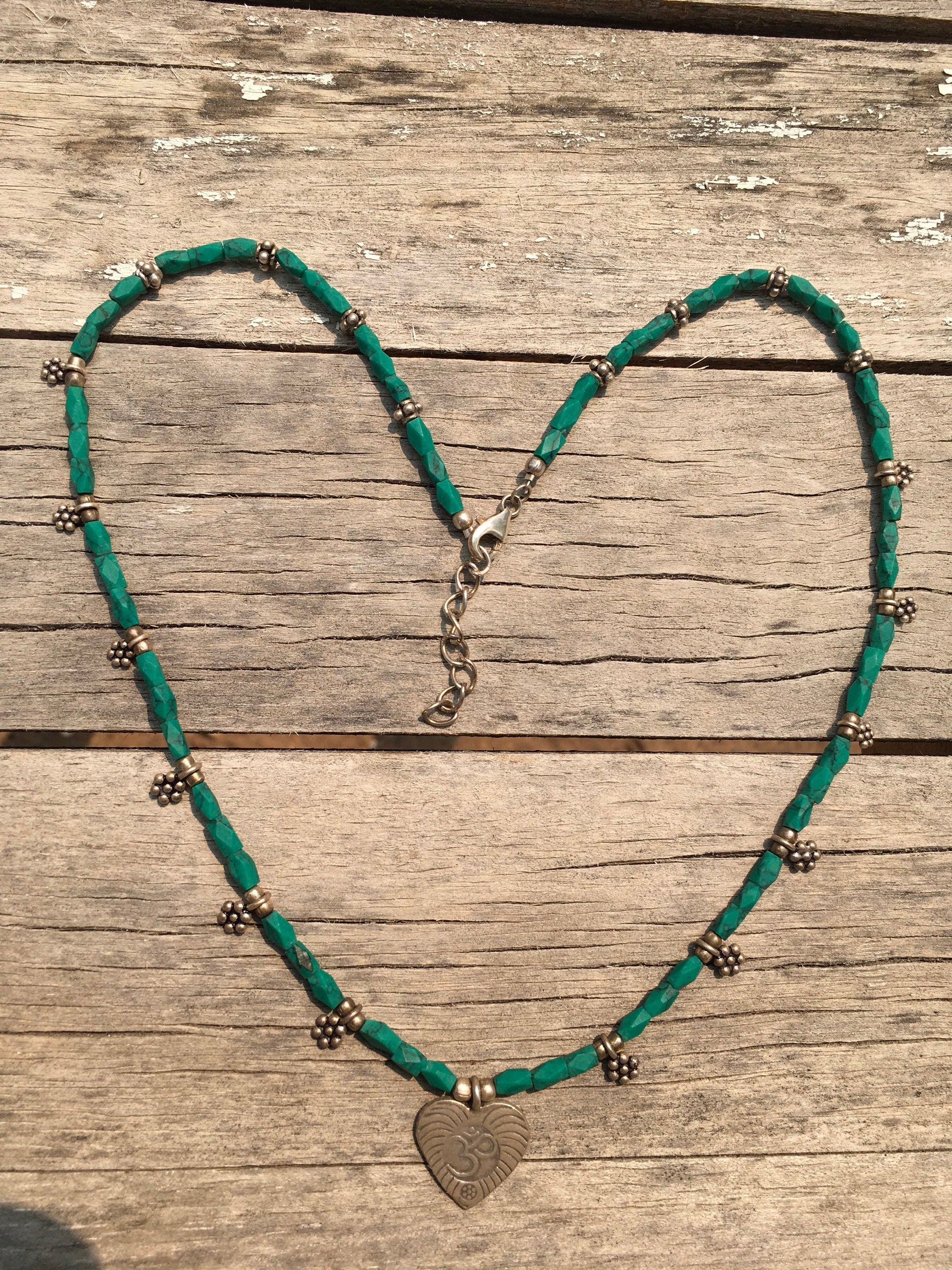 necklace "Balanced Heart" Fine Silver Ohm Heart, Hill Tribe Silver Heart, Malachite necklace, Heart chakra, Gift Idea, Self Love, Reiki