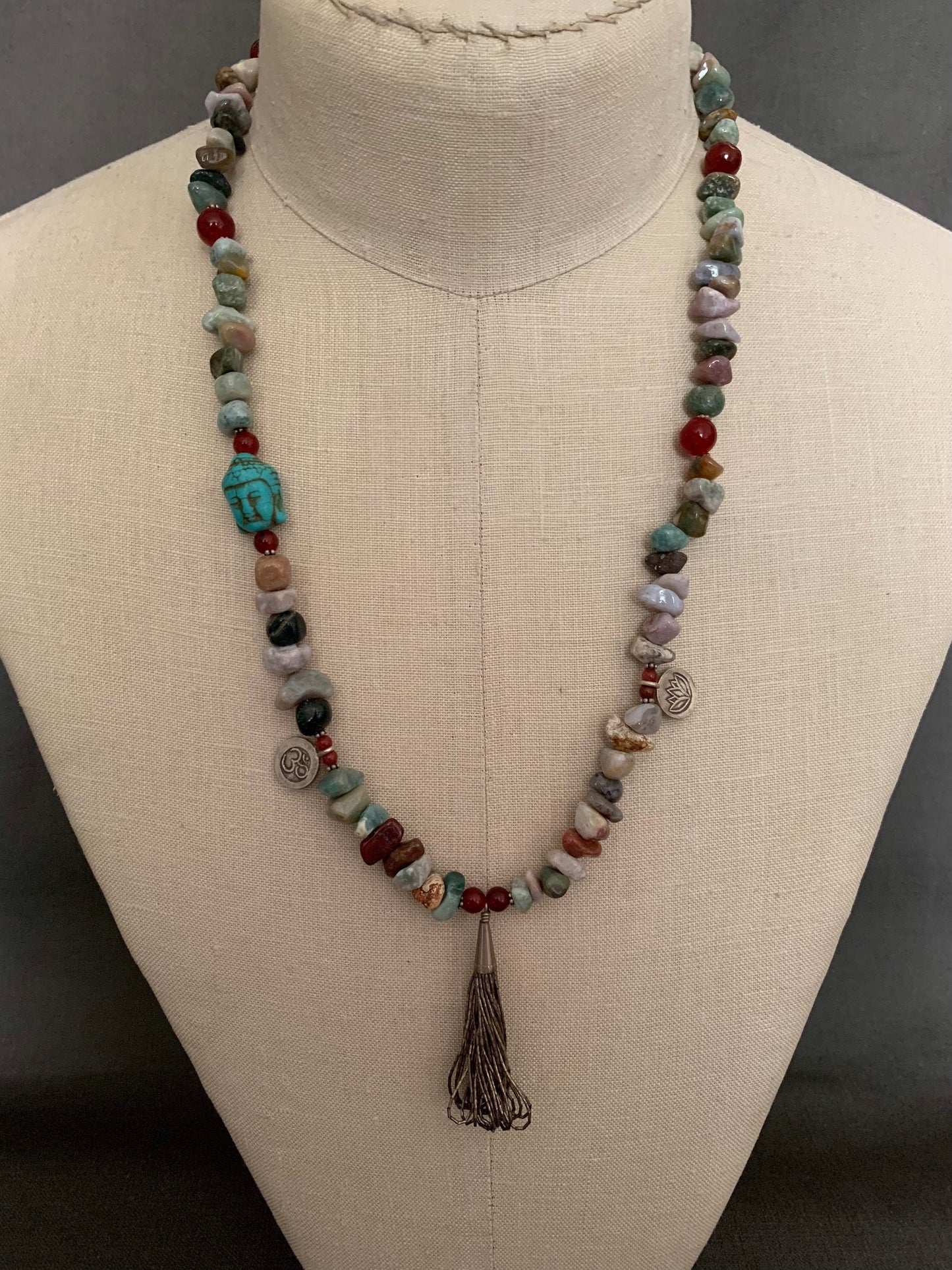 necklace "Zen" Buddha bead, Sterling tassel, Hill Tribe Silver, Ohm and Lotus charm, Agate Beads, Reiki charged, Gift idea, Gender Neutral