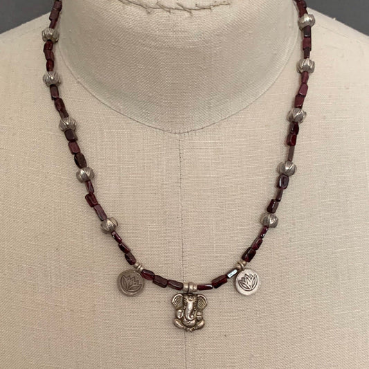 necklace "Remove My Obstacles" sterling GANESHA, Handmade Chiang Mai Lotus beads, Garnet, Hill Tribe Silver charms Lotus, Gift idea, Reiki