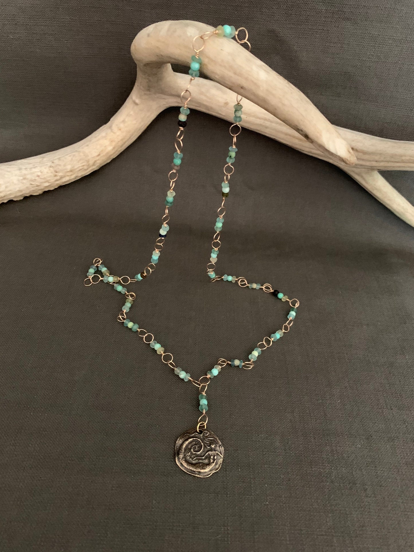 Necklace “Bronze Siren” Bronze Mermaid pendant, Green Opal, Roman Glass, Handmade Chain, Bronze chain, Mermaid jewelry, Gift idea