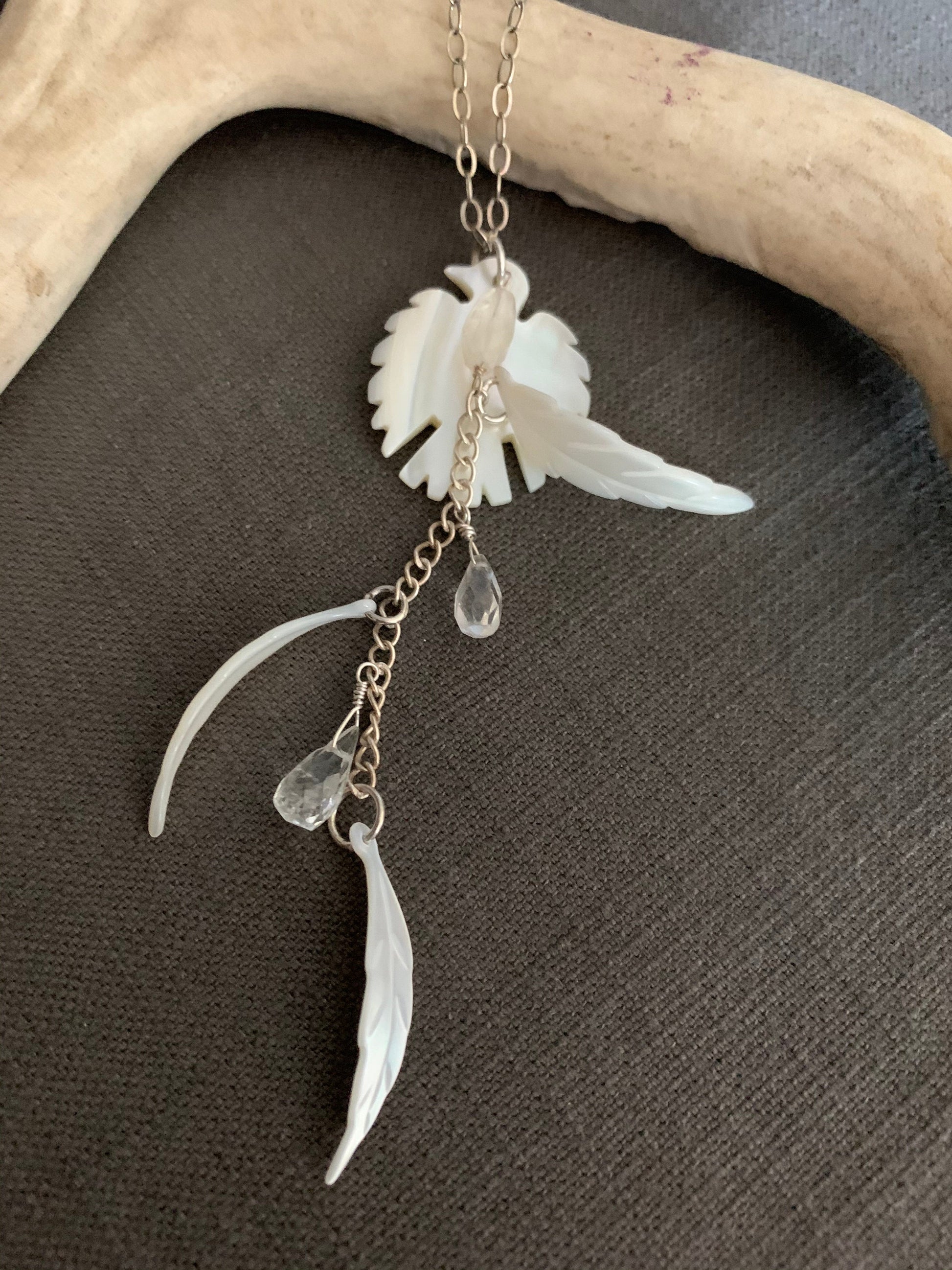 Pendant “White Crow” Mother of Pearl Crow, MOP Feather, Quartz, Crow energy, Animal Spirit, Gender Neutral, Gift idea, Pagan jewelry, Reiki