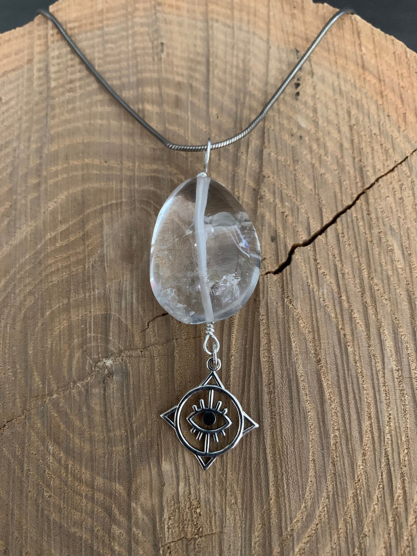 Pendant “Seeing in All Directions” Clear Quartz tumble, Sterling Compass Rose charm with Evil Eye, Gender Neutral jewelry, Reiki charged