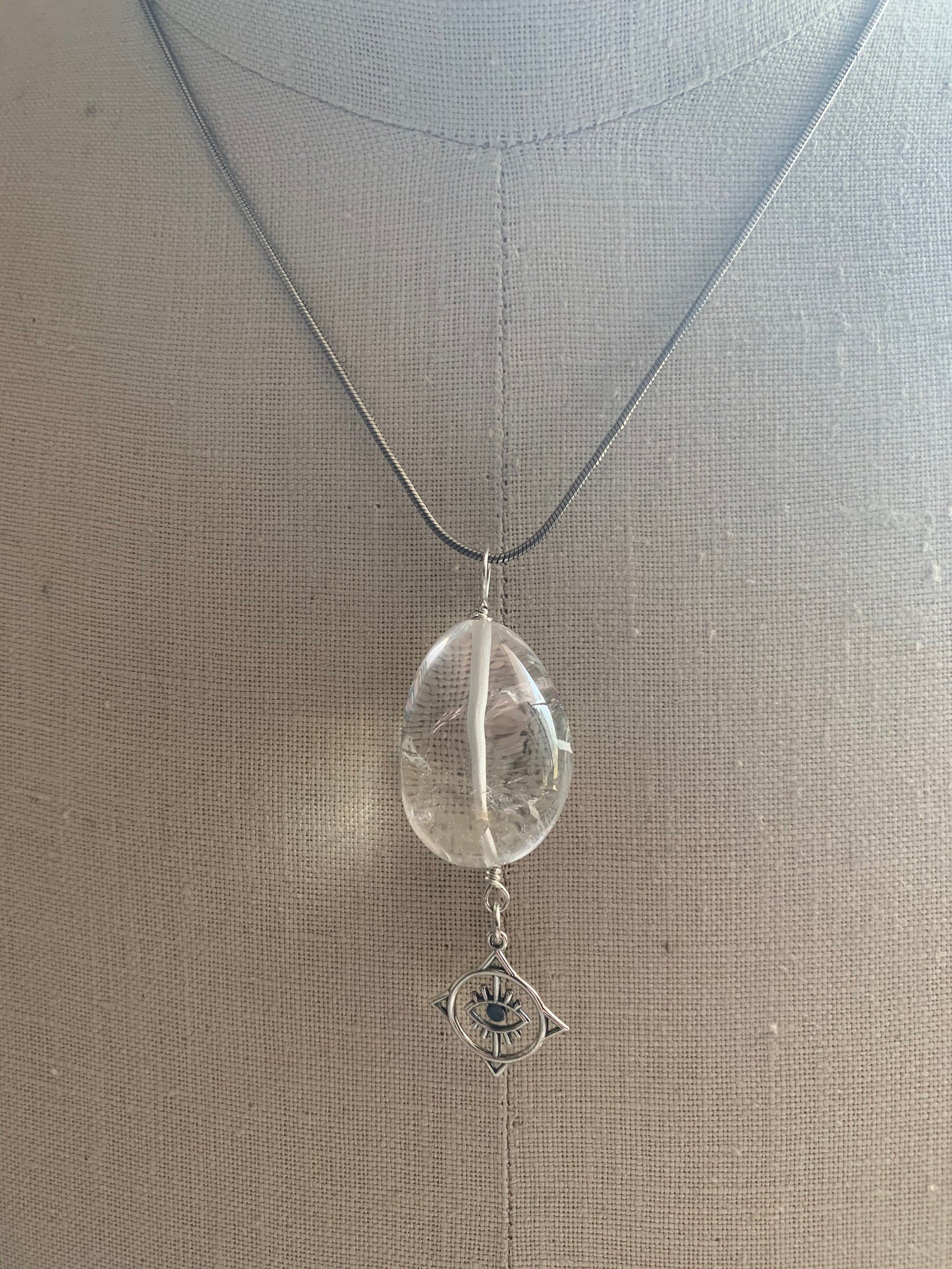 Pendant “Seeing in All Directions” Clear Quartz tumble, Sterling Compass Rose charm with Evil Eye, Gender Neutral jewelry, Reiki charged