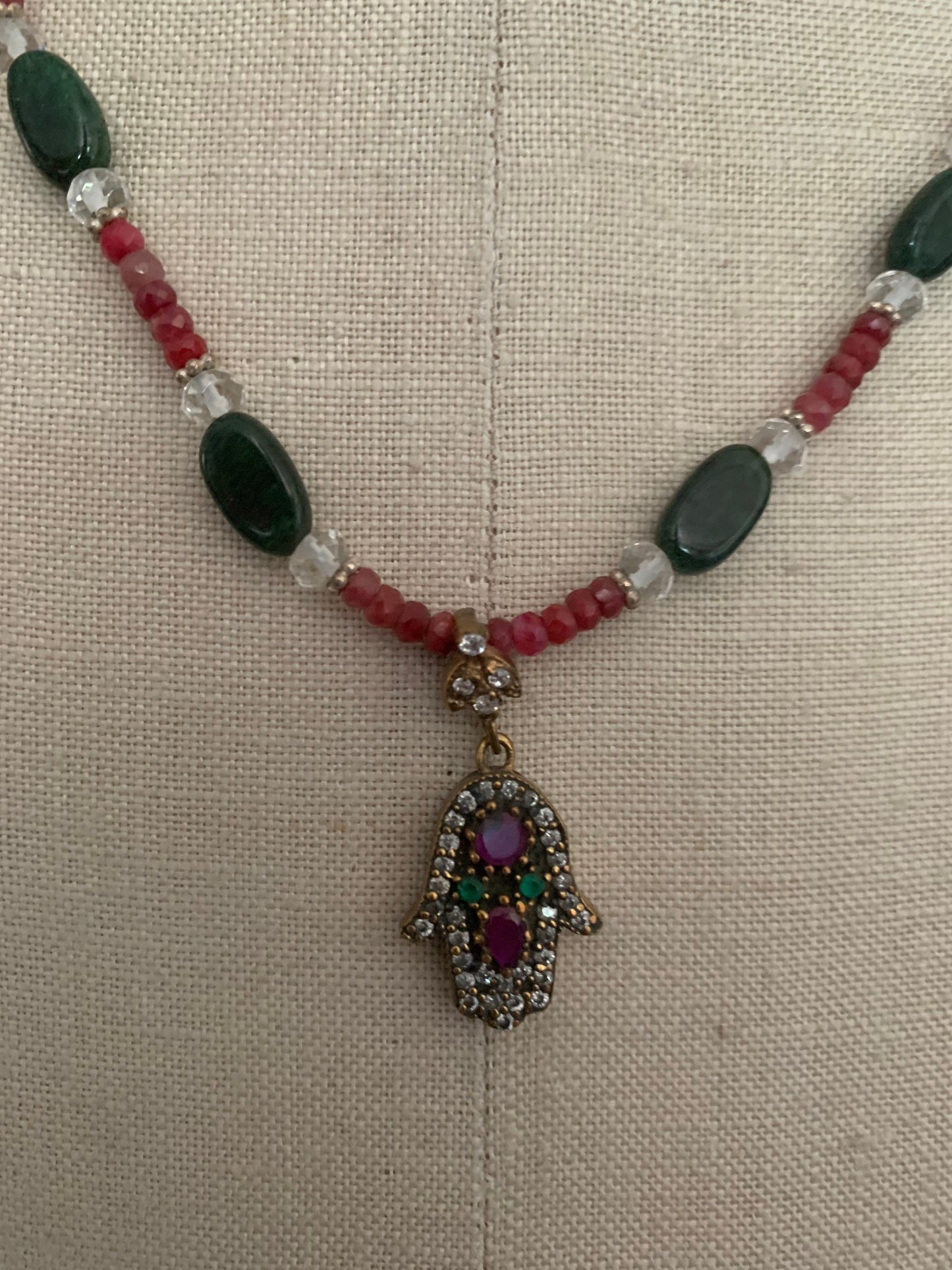 necklace "Divine Hand" Hamsa with rubies emeralds & topaz, ruby quartz, emerald, faceted quartz, Hand of God, Hand of Fatima, Gift idea