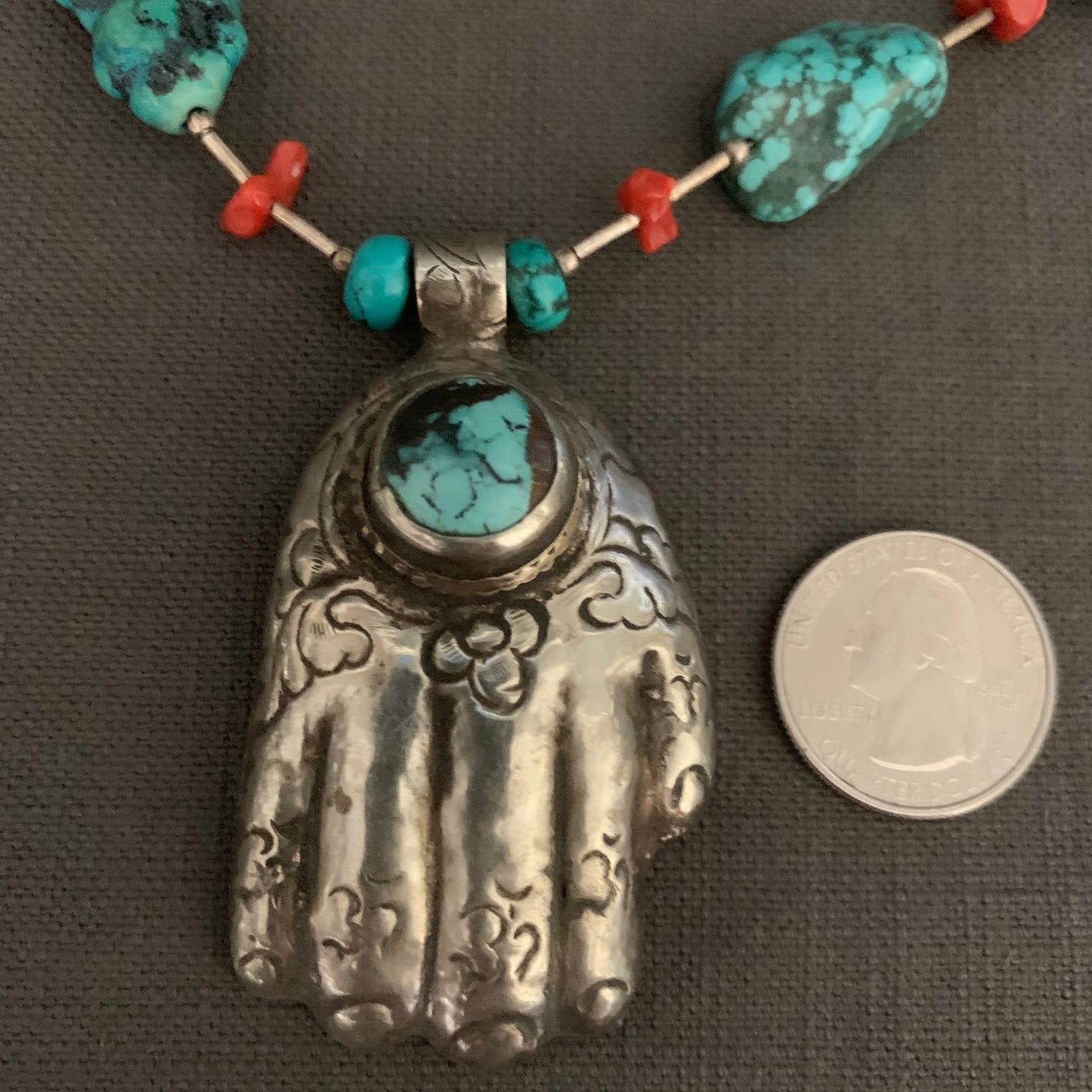 necklace "Hand Held High" Nepal Hamsa, Tibetan turquoise, Red Coral, Hand of God, Hand of Fatima, Gift idea, Gender Neutral jewelry, Reiki