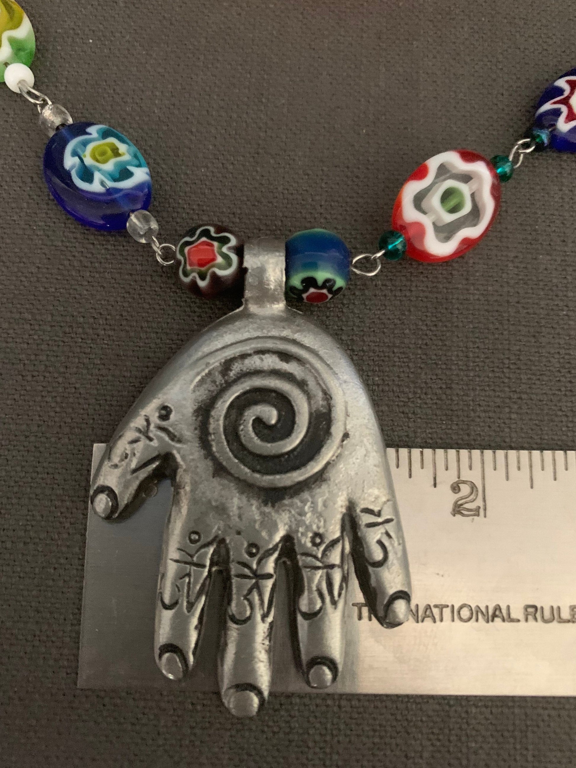 Necklace "Her flowers" pewter Hamsa pendant, Hand of God, Handmade chain, Festival jewelry, Millefiori beads, Lampwork beads, Reiki charged