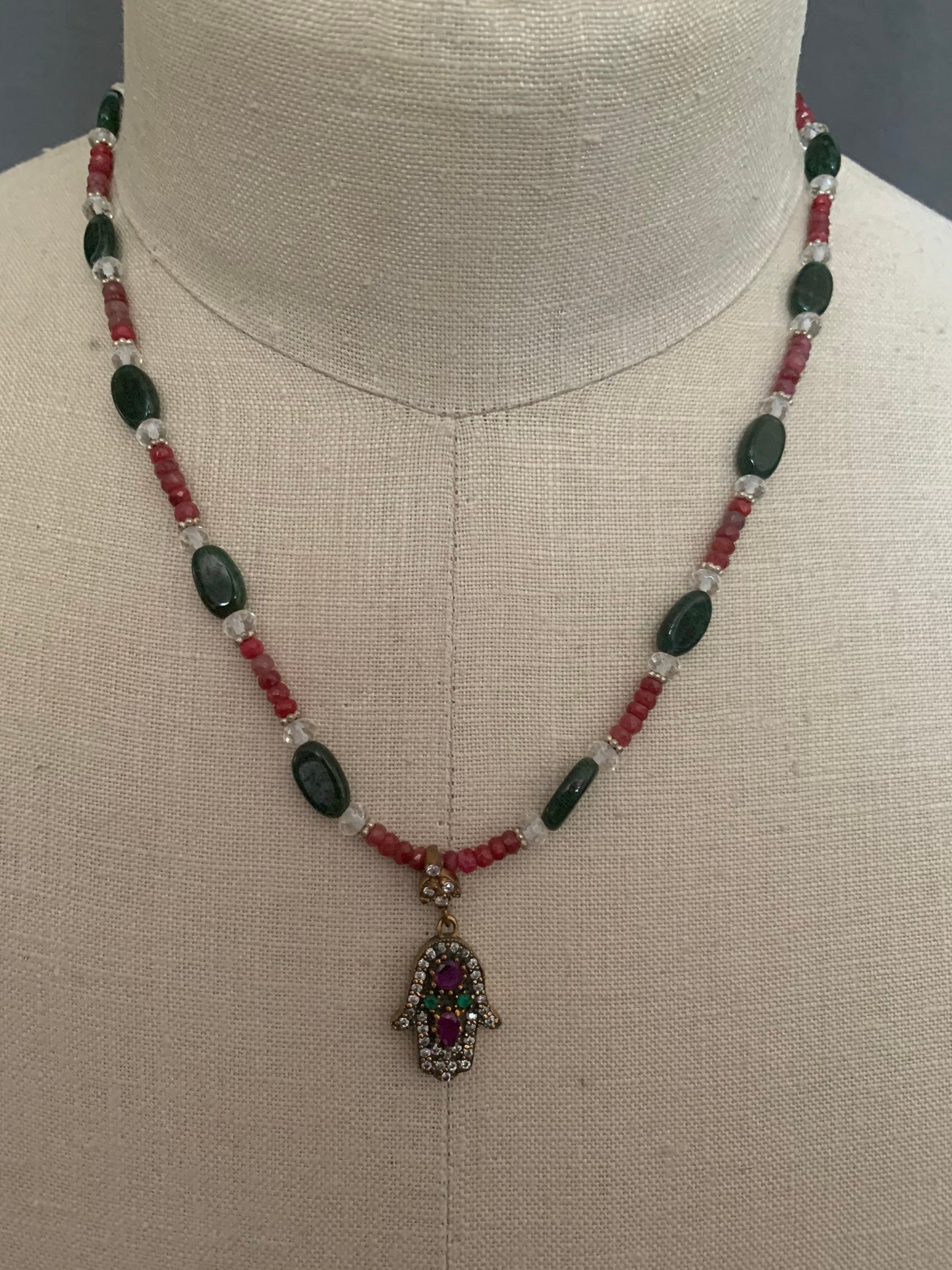 necklace "Divine Hand" Hamsa with rubies emeralds & topaz, ruby quartz, emerald, faceted quartz, Hand of God, Hand of Fatima, Gift idea