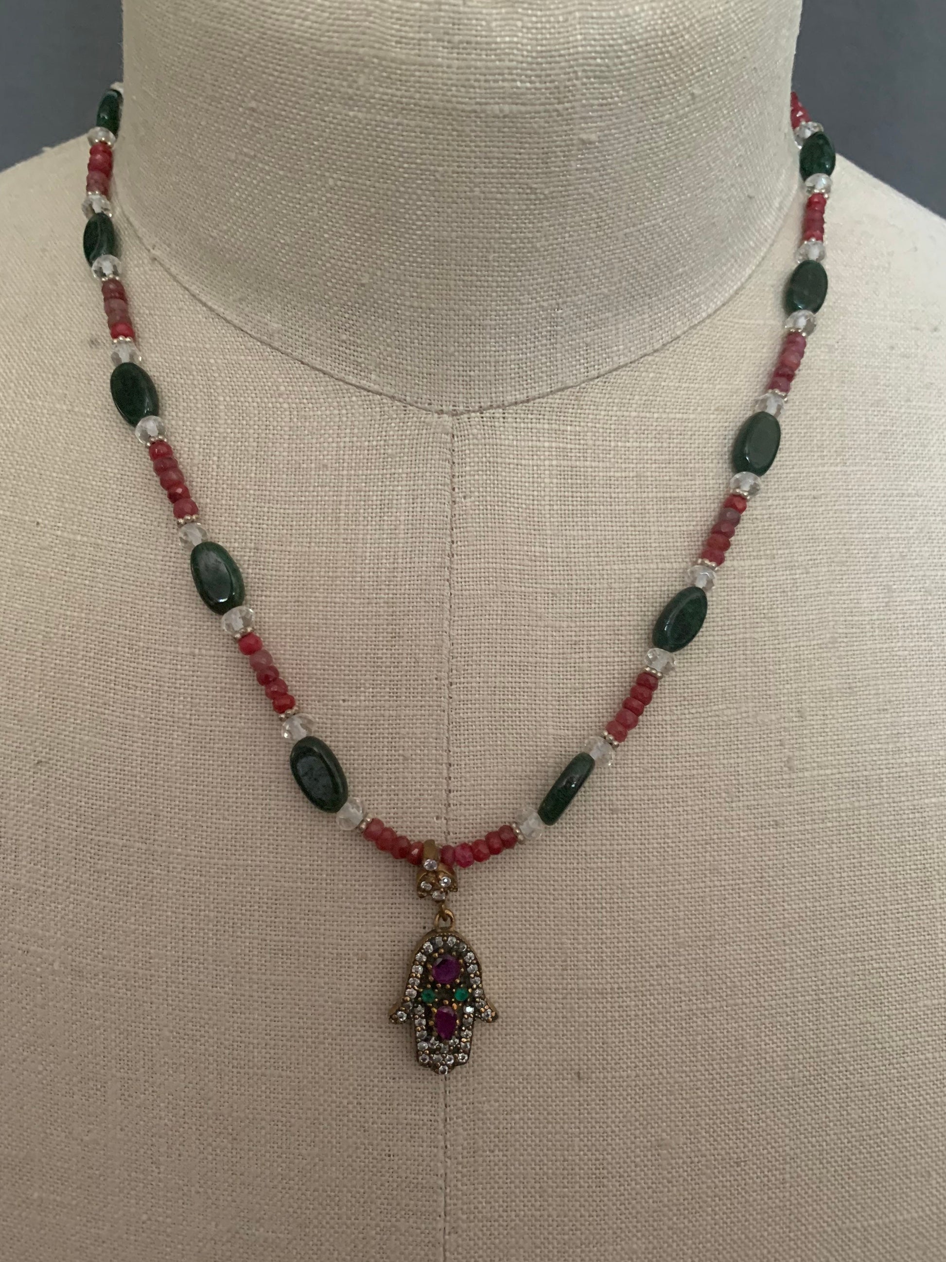 necklace "Divine Hand" Hamsa with rubies emeralds & topaz, ruby quartz, emerald, faceted quartz, Hand of God, Hand of Fatima, Gift idea