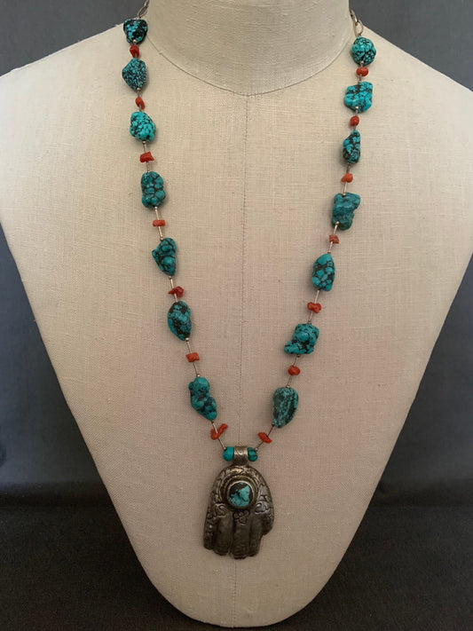 necklace "Hand Held High" Nepal Hamsa, Tibetan turquoise, Red Coral, Hand of God, Hand of Fatima, Gift idea, Gender Neutral jewelry, Reiki