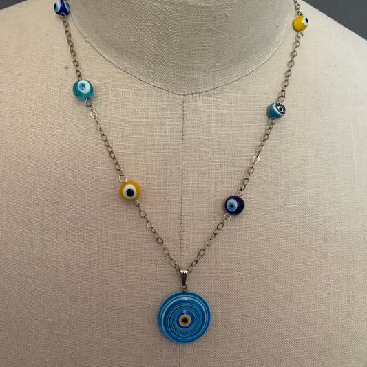 necklace "Seeing Circles" Murano glass Evil Eye pendant, Evil Eye beads, Protection charm, sterling chain, handmade links, Gender Neutral