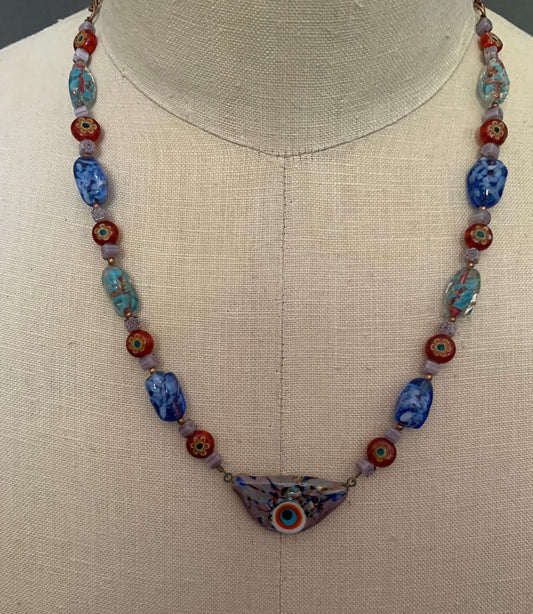 necklace "Fall Flowers" Murano glass Evil Eye pendant, Gift idea, Protection charm, Millefiori beads, Lampwork beads, Copper chain