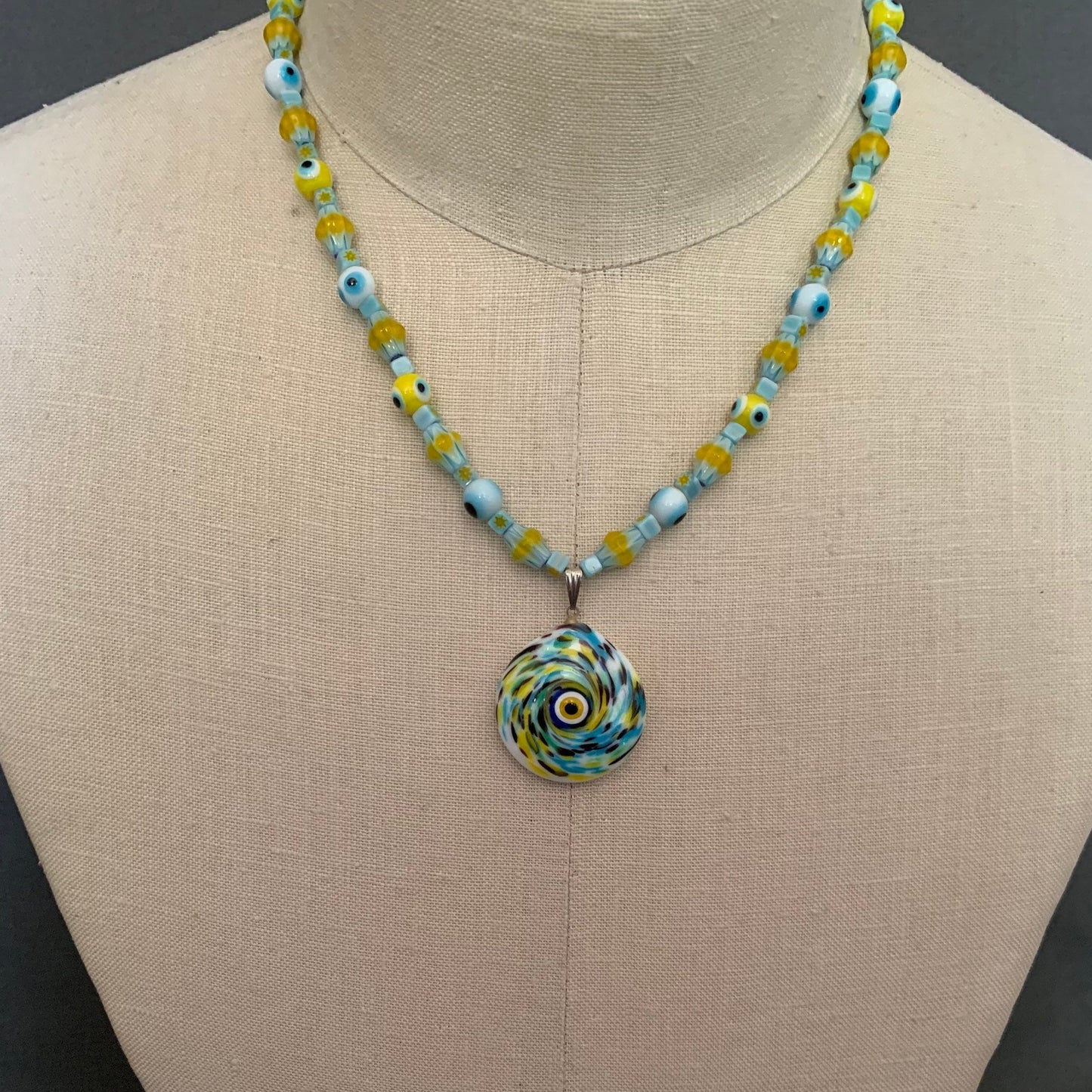 necklace "Summer Fun" Murano glass Evil Eye pendant, Chevron Beads, Evil Eyes, Festival jewelry, Reiki charged, Gender Neutral jewelry