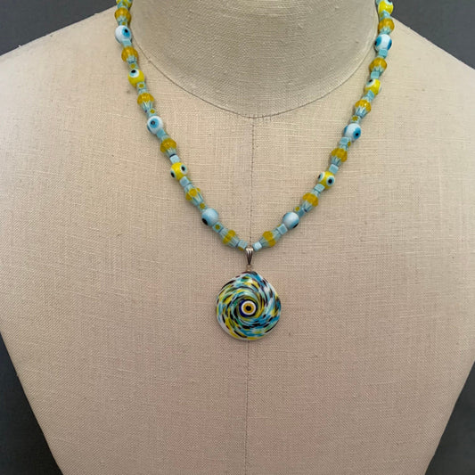 necklace "Summer Fun" Murano glass Evil Eye pendant, Chevron Beads, Evil Eyes, Festival jewelry, Reiki charged, Gender Neutral jewelry