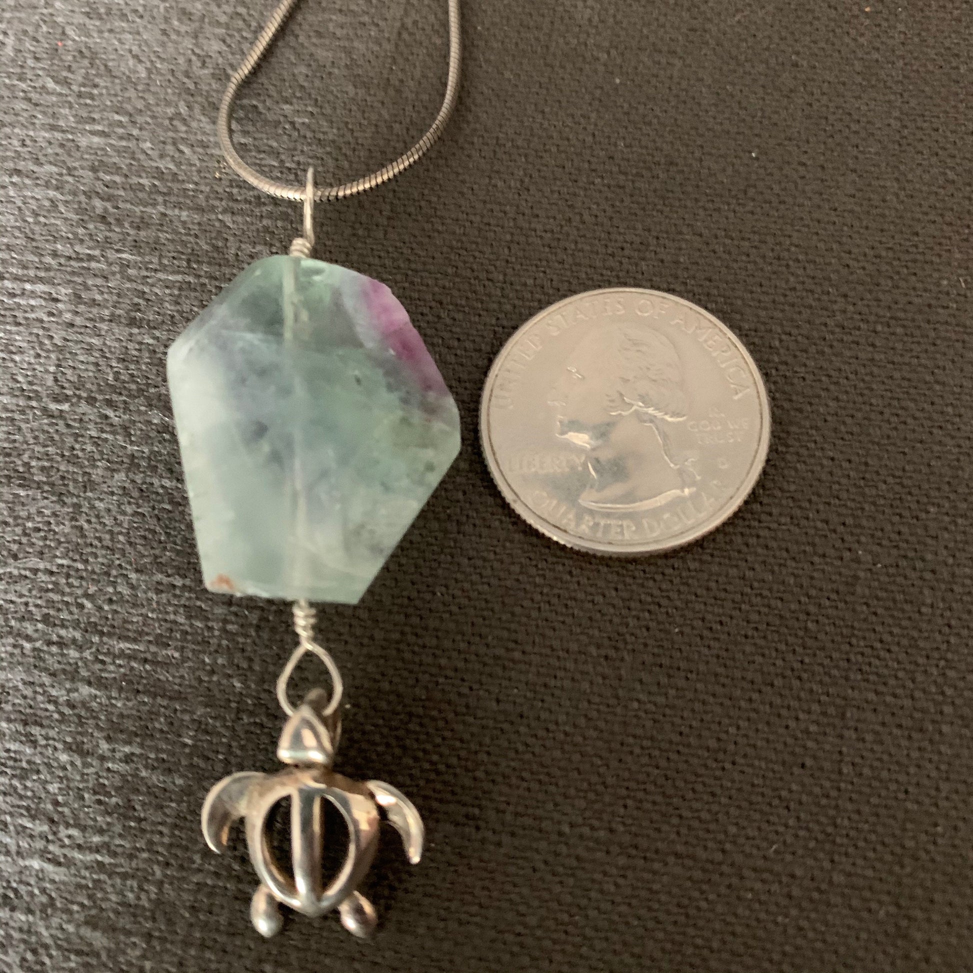 Pendant “Squirt” Sterling Sea Turtle charm, Large Rainbow Fluorite, Ocean Jewelry, Merfolk pendant, Gender Neutral, Reiki charged, Chakras