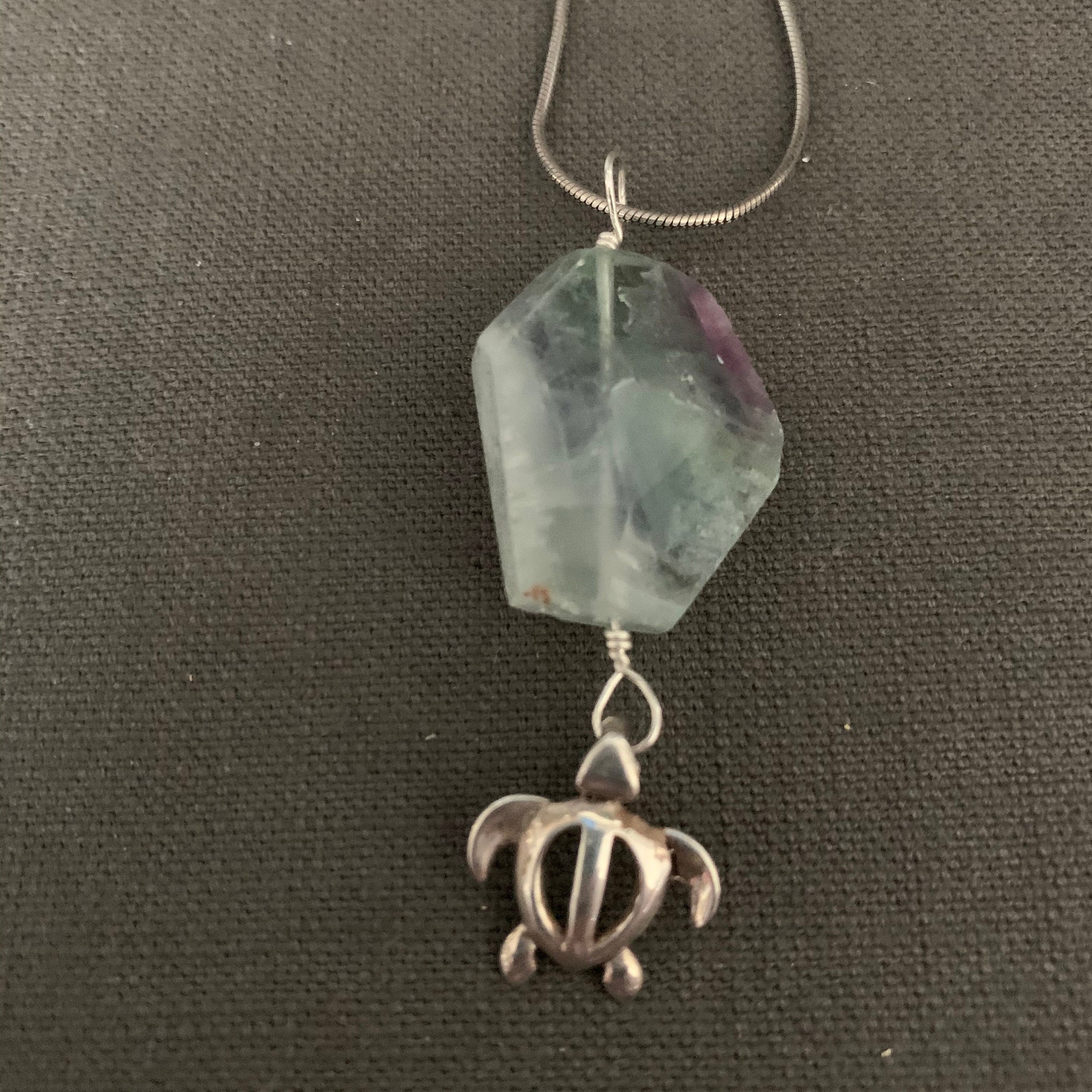 Pendant “Squirt” Sterling Sea Turtle charm, Large Rainbow Fluorite, Ocean Jewelry, Merfolk pendant, Gender Neutral, Reiki charged, Chakras